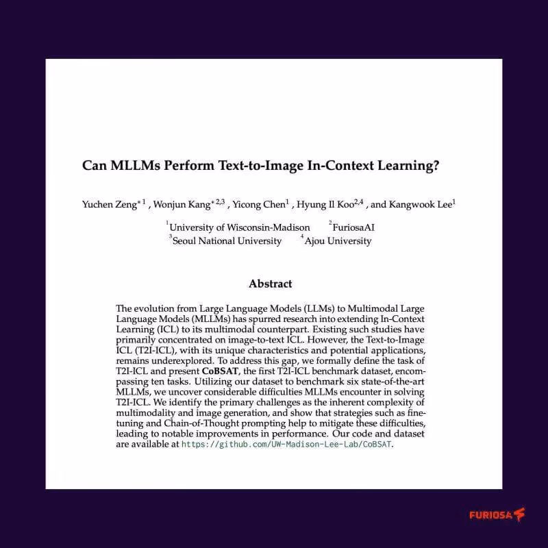Title page of a research paper titled “Can MLLMs Perform Text-to-Image In-Context Learning?” authored by researchers from the University of Wisconsin–Madison, FuriosaAI, Seoul National University, and Ajou University.