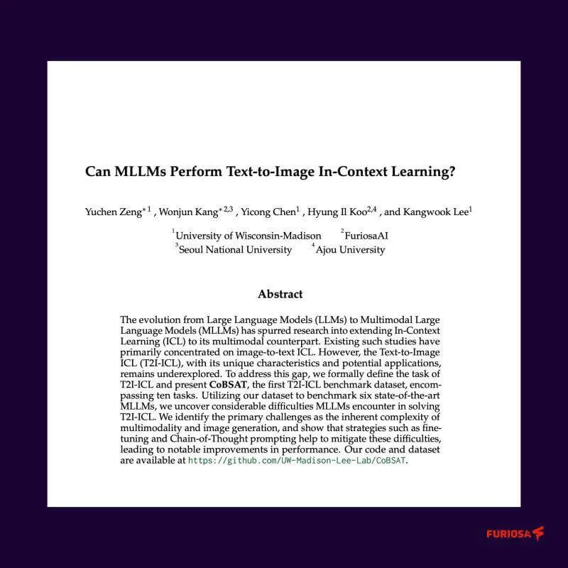 Title page of a research paper titled “Can MLLMs Perform Text-to-Image In-Context Learning?” authored by researchers from the University of Wisconsin–Madison, FuriosaAI, Seoul National University, and Ajou University.