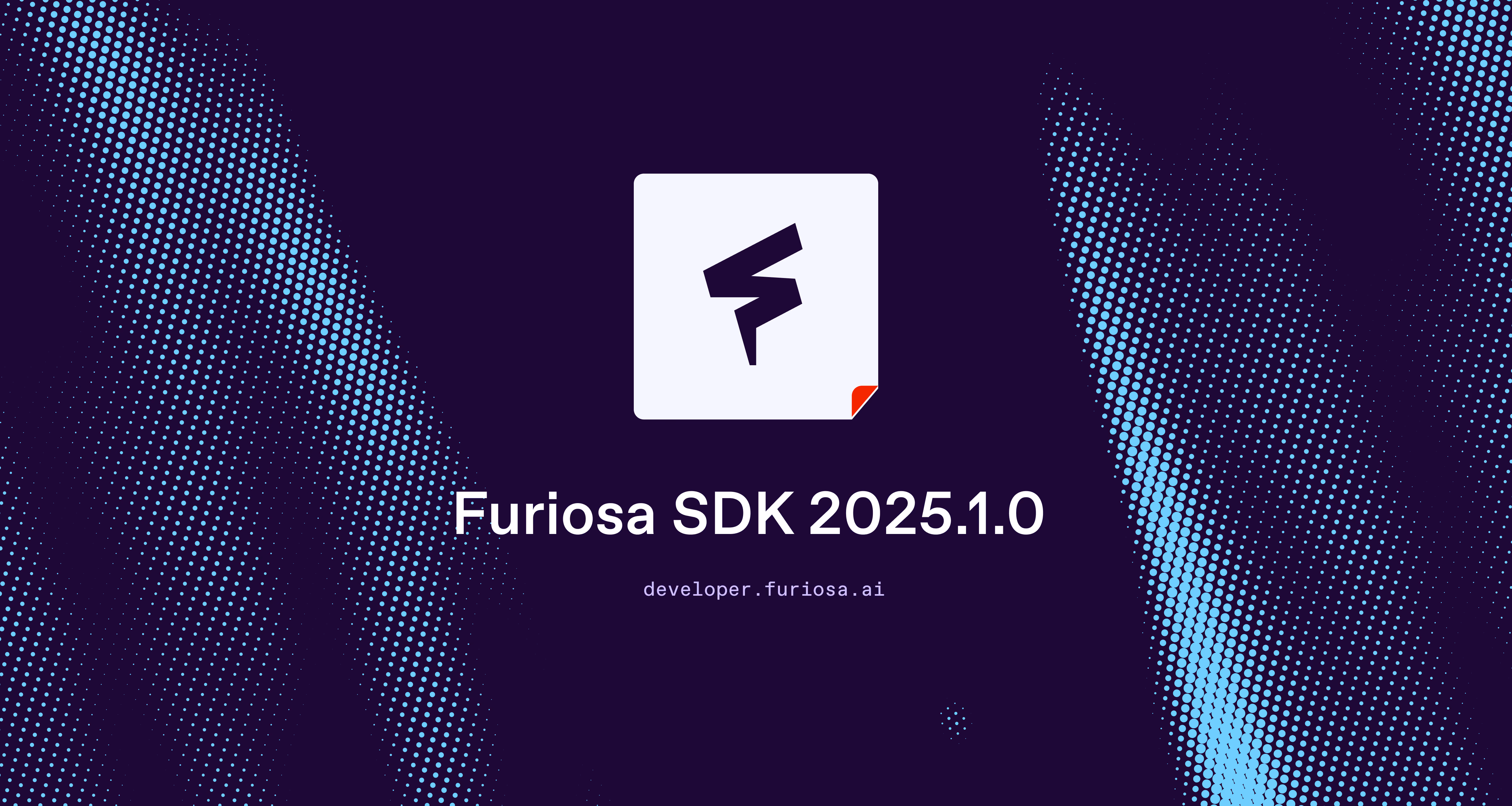 Promotional graphic announcing Furiosa SDK version 2025.1.0, featuring the Furiosa logo on a purple background with abstract dotted wave patterns and the developer.furiosa.ai URL.