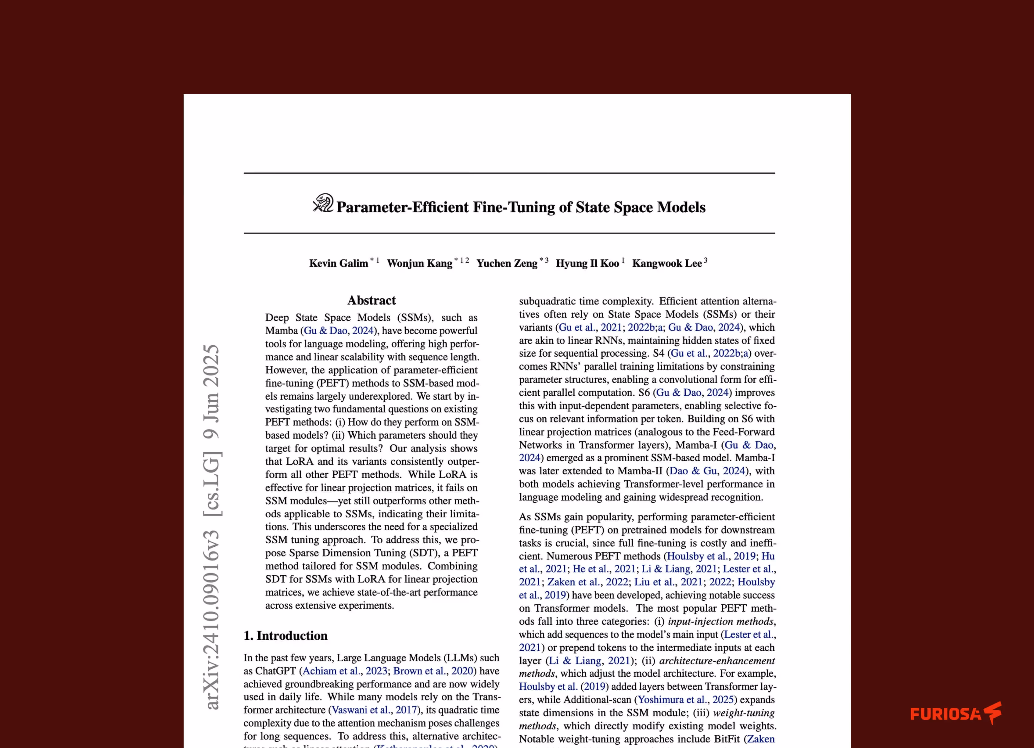 First page of a research paper titled “Parameter-Efficient Fine-Tuning of State Space Models,” showing the abstract and author list.