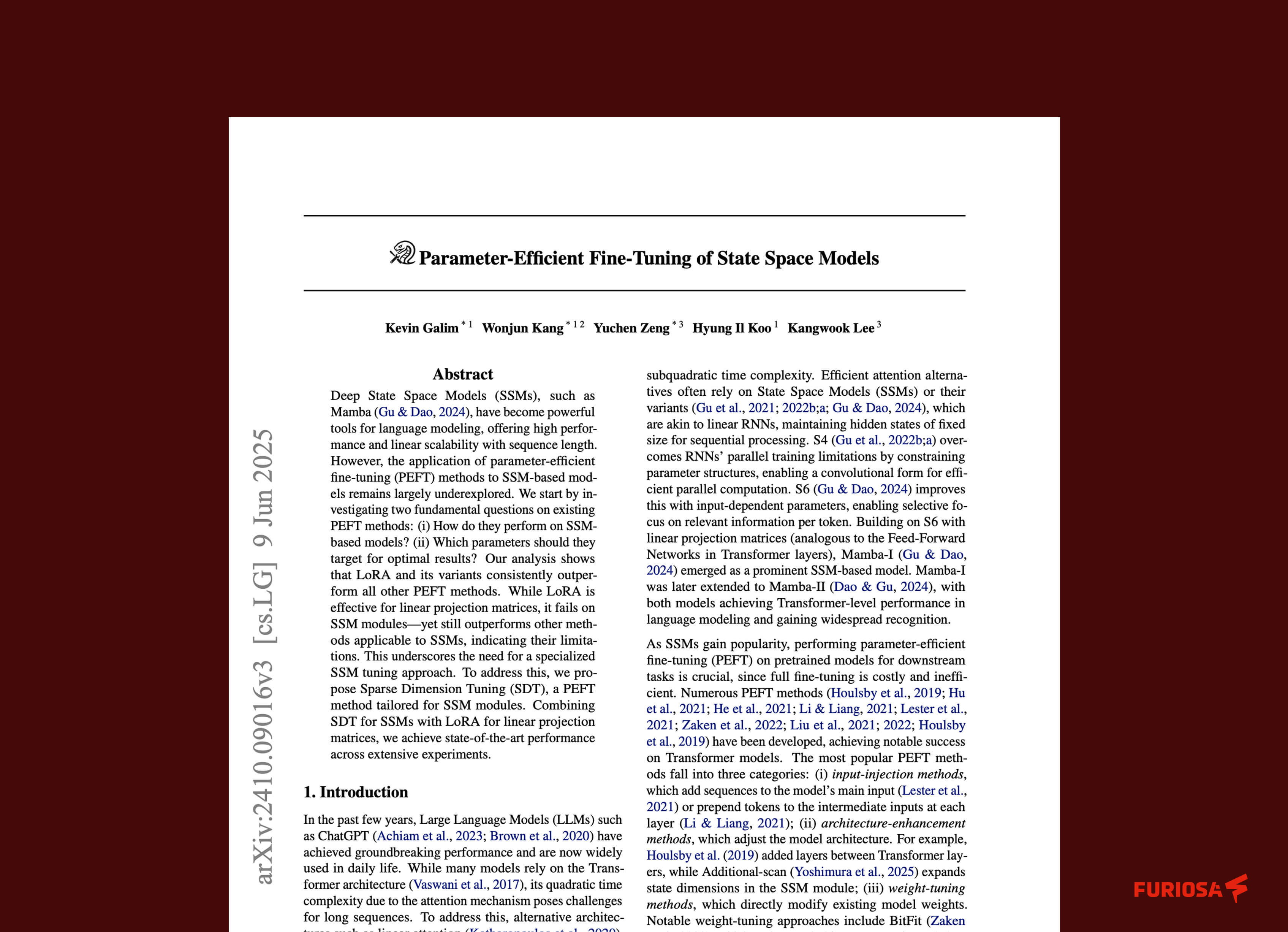 First page of a research paper titled “Parameter-Efficient Fine-Tuning of State Space Models,” showing the abstract and author list.