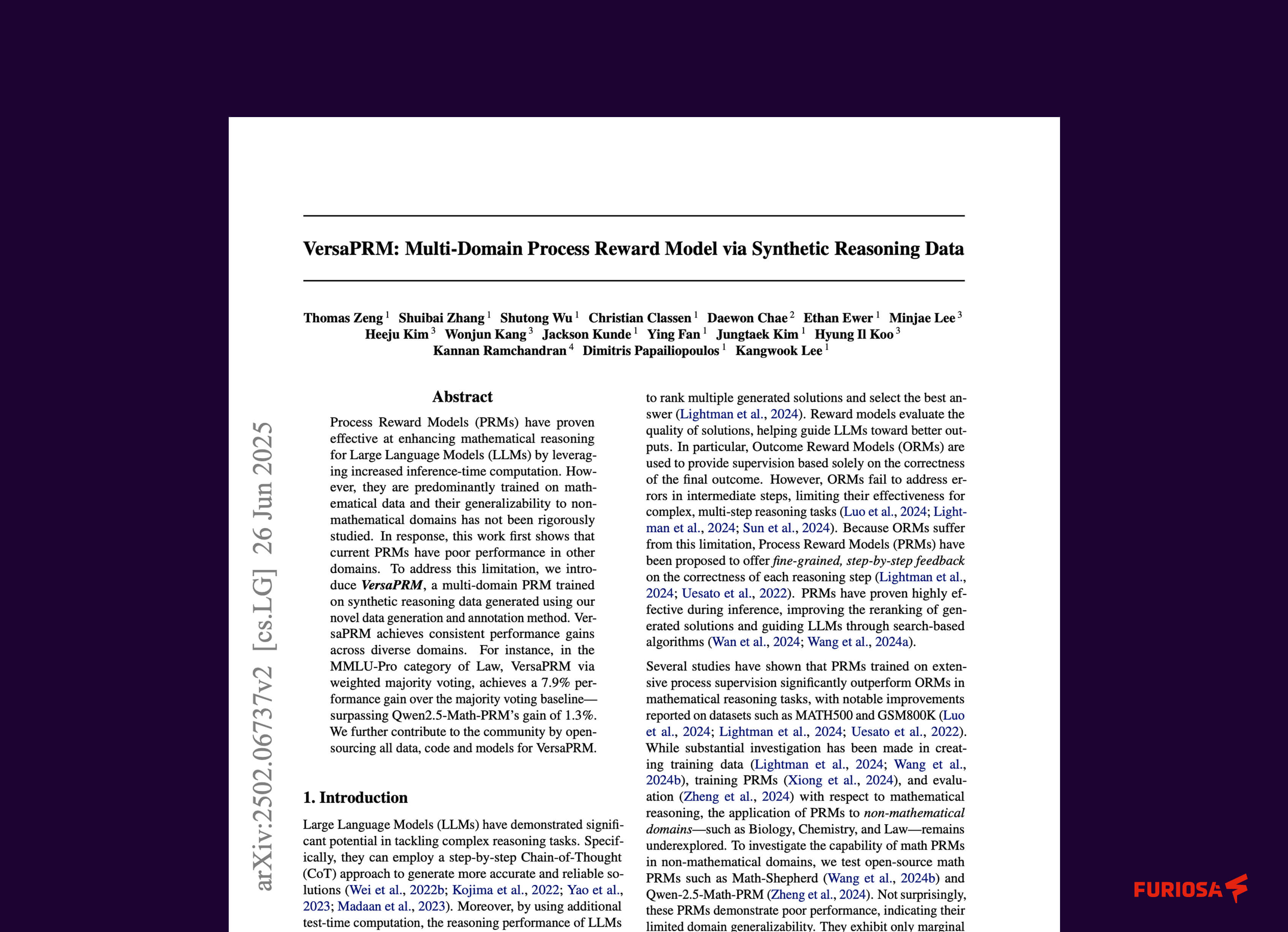 First page of a research paper titled “VersaPRM: Multi-Domain Process Reward Model via Synthetic Reasoning Data,” showing the abstract and author list.