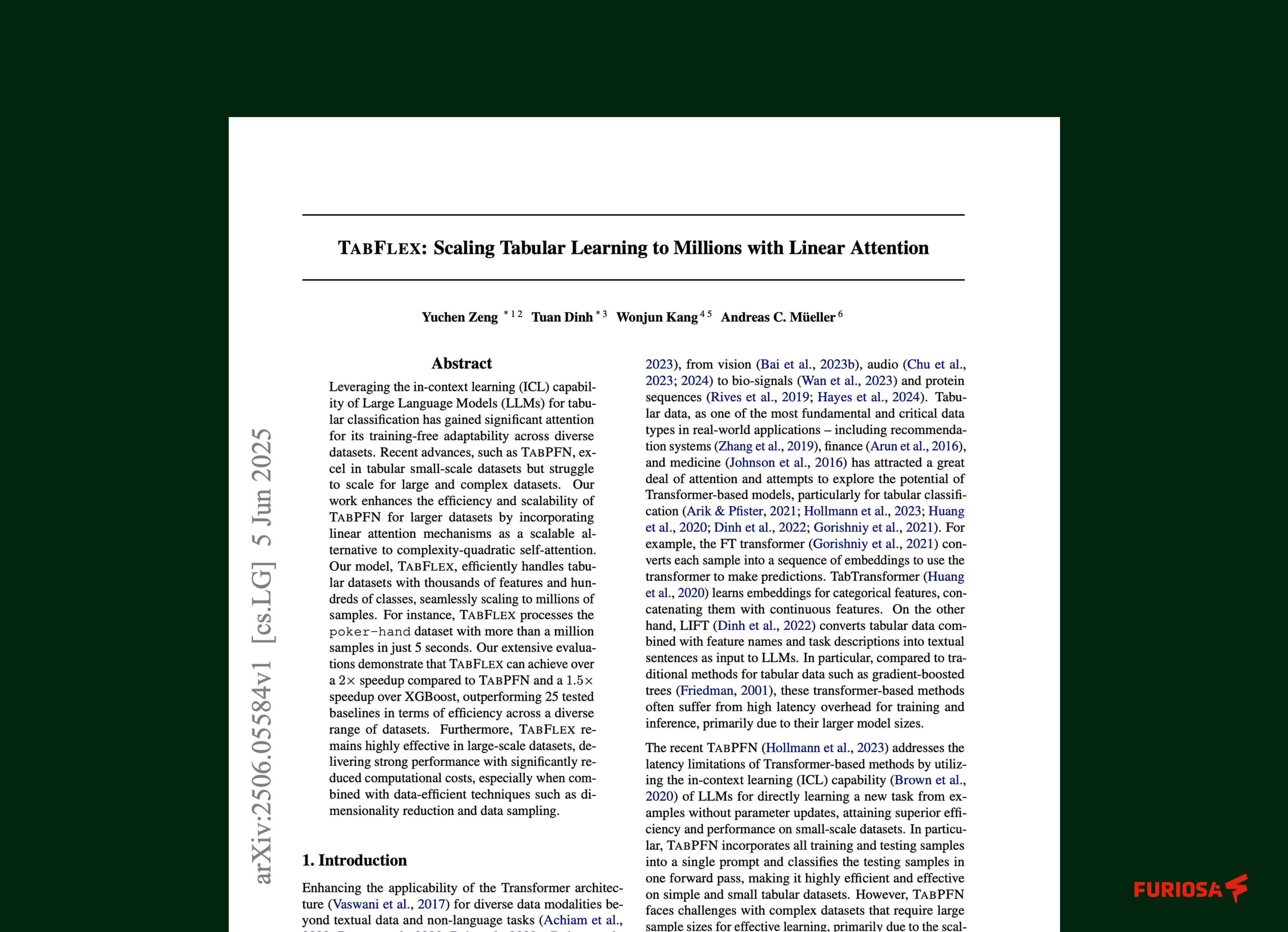First page of a research paper titled “TabFlex: Scaling Tabular Learning to Millions with Linear Attention,” showing the abstract and author list.