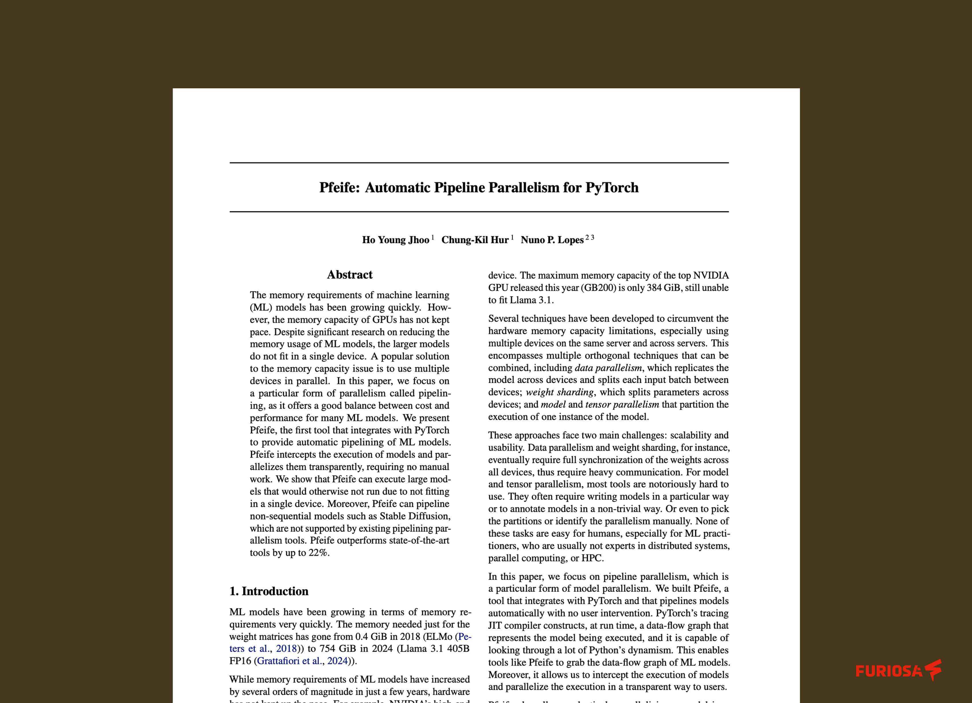 First page of a research paper titled “Pfeife: Automatic Pipeline Parallelism for PyTorch,” showing the abstract and author list.