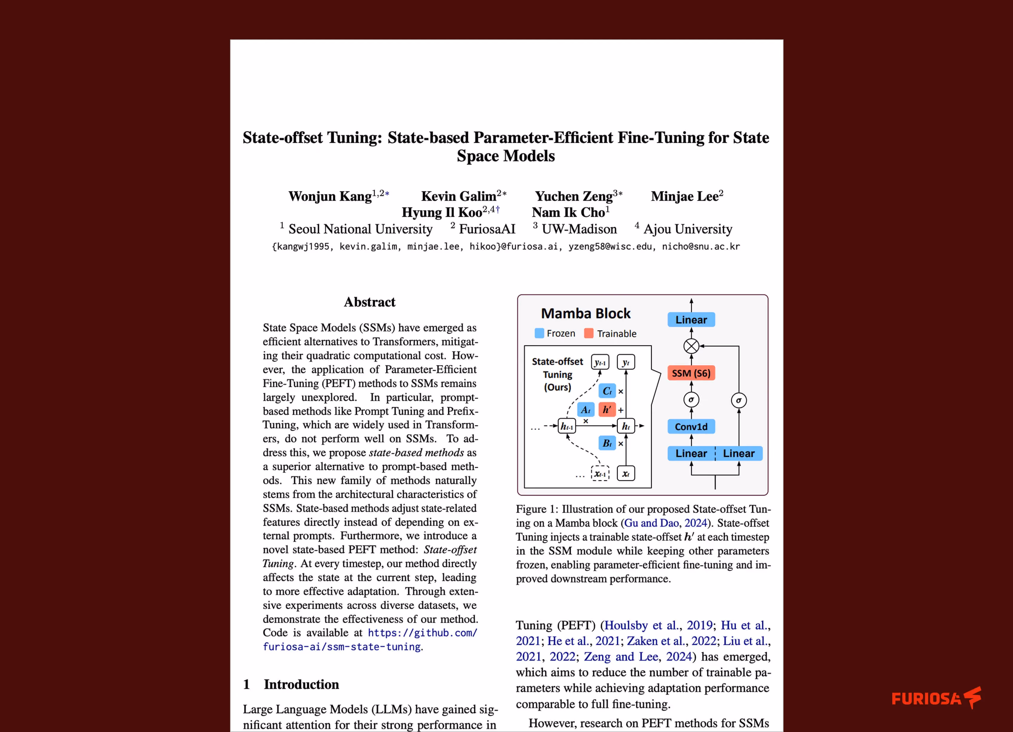 First page of a research paper titled “State-offset Tuning: State-based Parameter-Efficient Fine-Tuning for State Space Models,” showing the abstract and a Mamba block diagram.