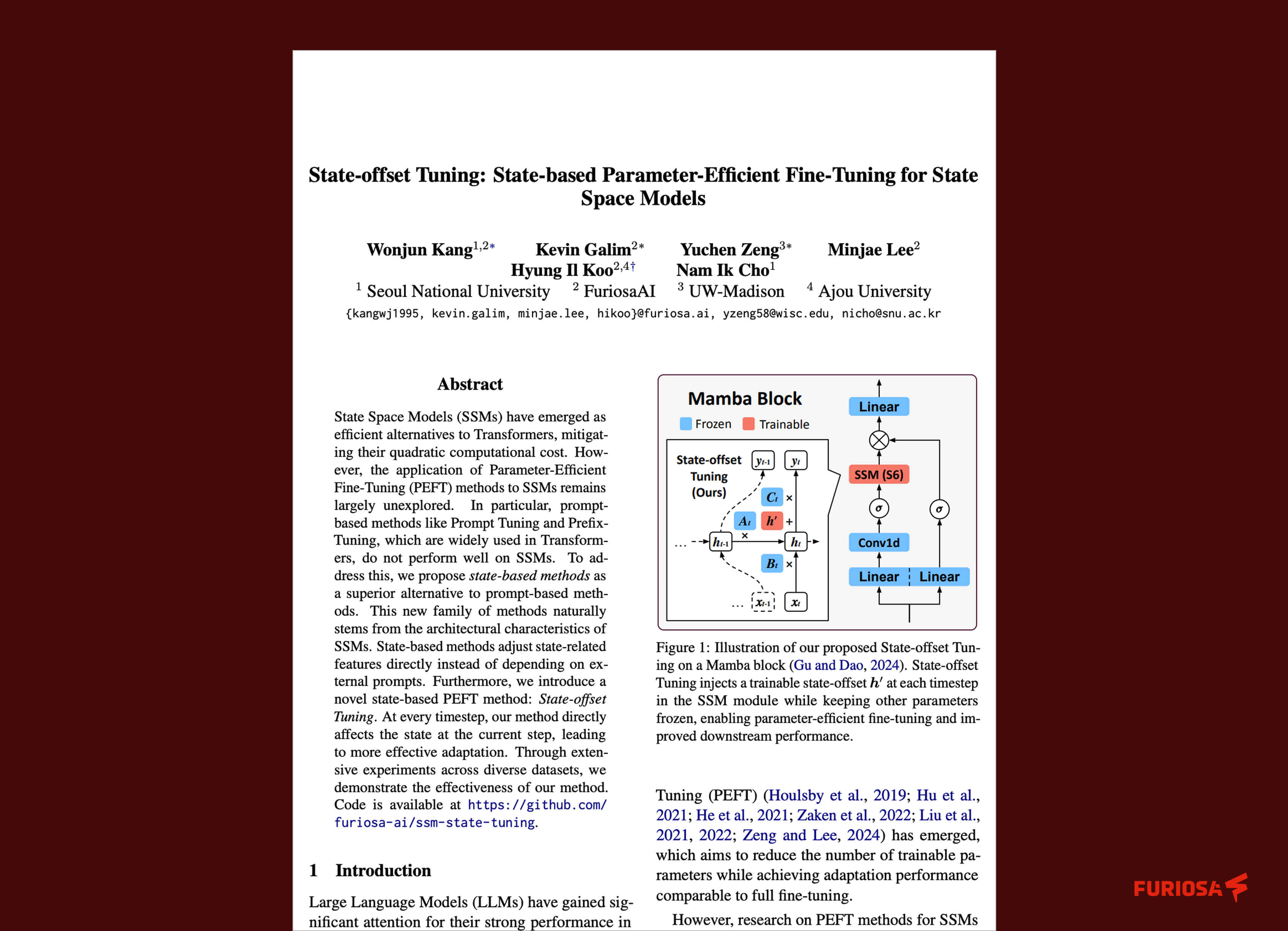 First page of a research paper titled “State-offset Tuning: State-based Parameter-Efficient Fine-Tuning for State Space Models,” showing the abstract and a Mamba block diagram.