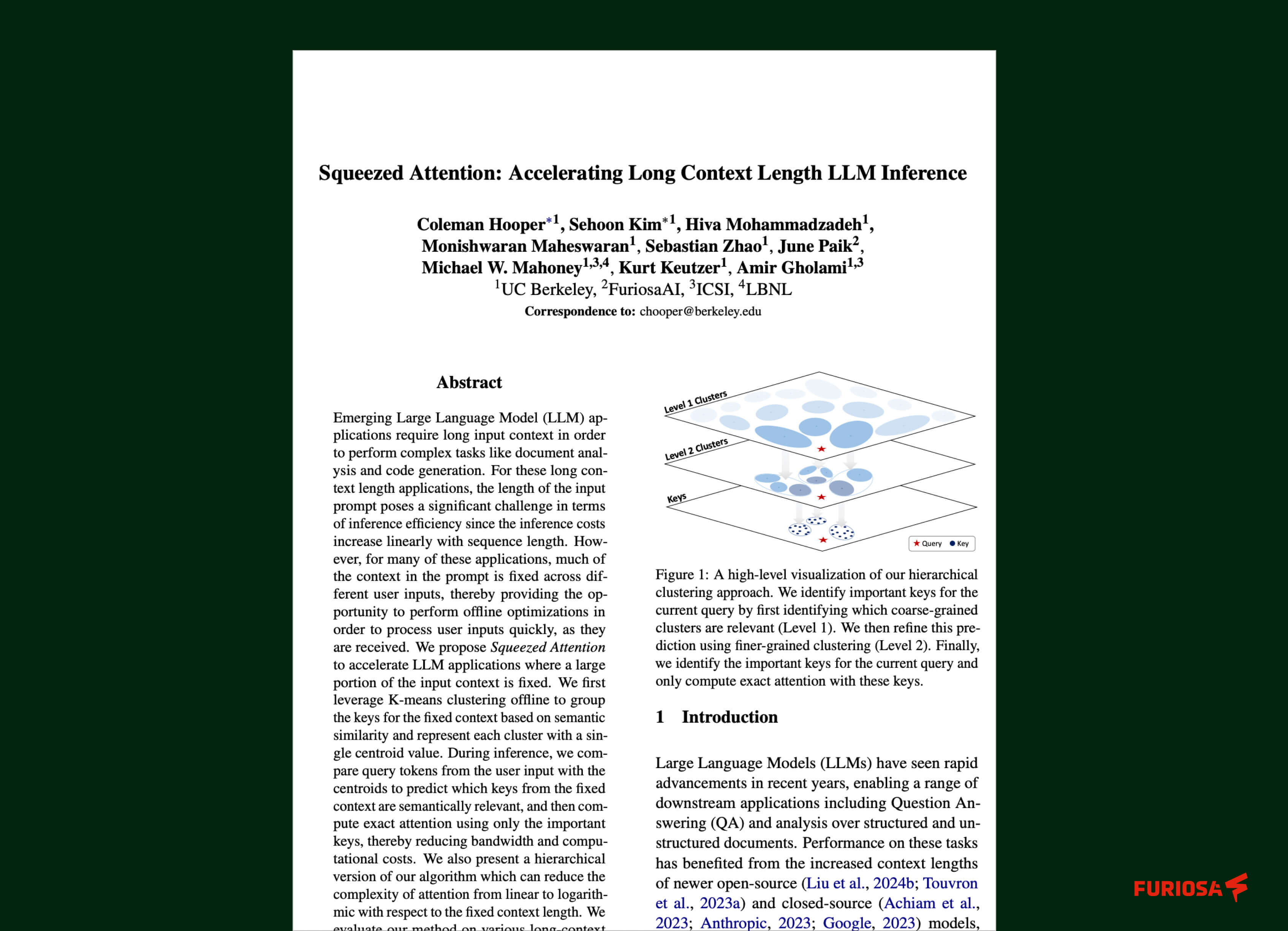 First page of a research paper titled “Squeezed Attention: Accelerating Long Context Length LLM Inference,” showing the abstract and a hierarchical attention visualization.