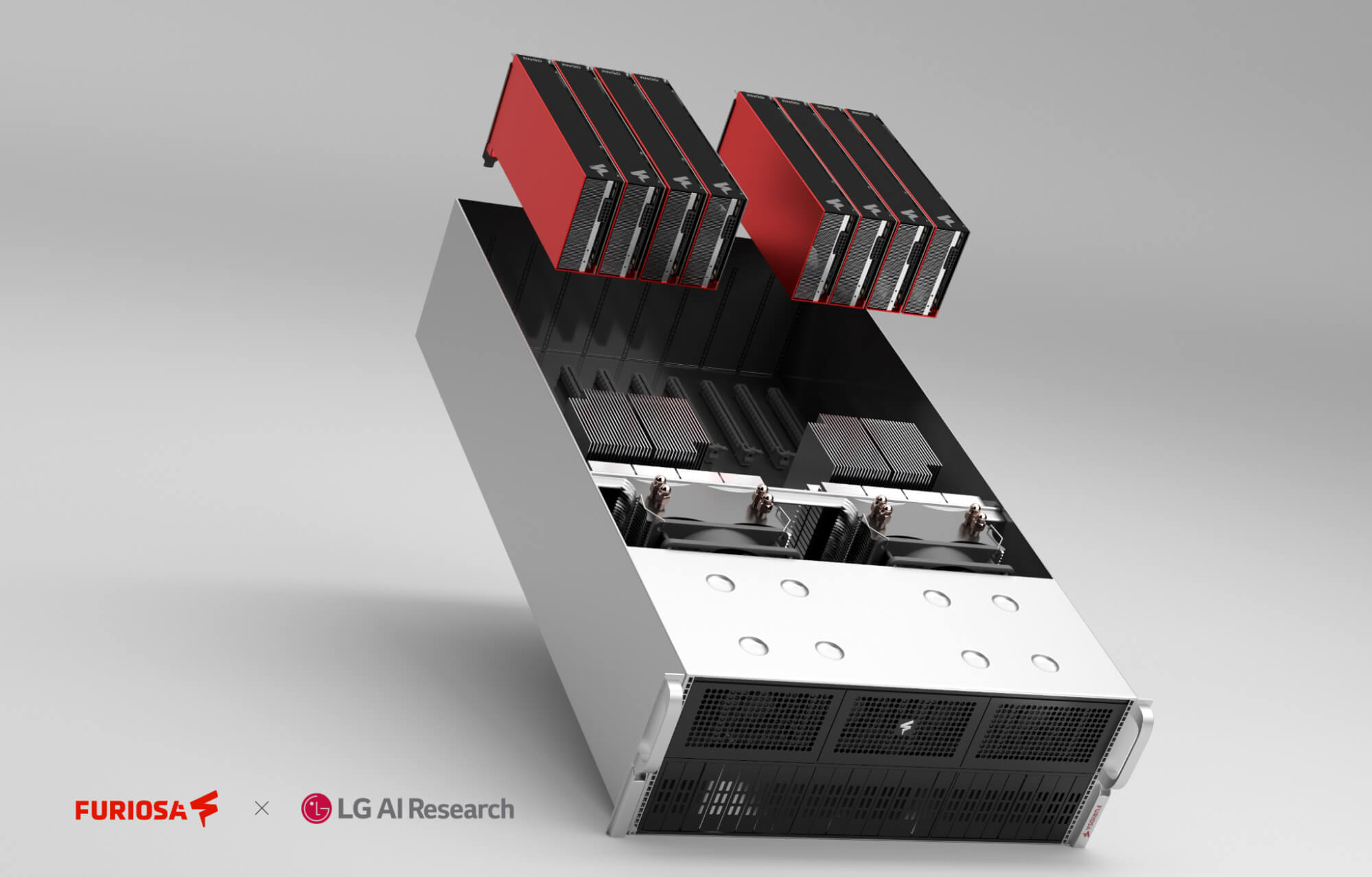 Exploded view of a FuriosaAI server system developed with LG AI Research, showing modular accelerator units inside the chassis.