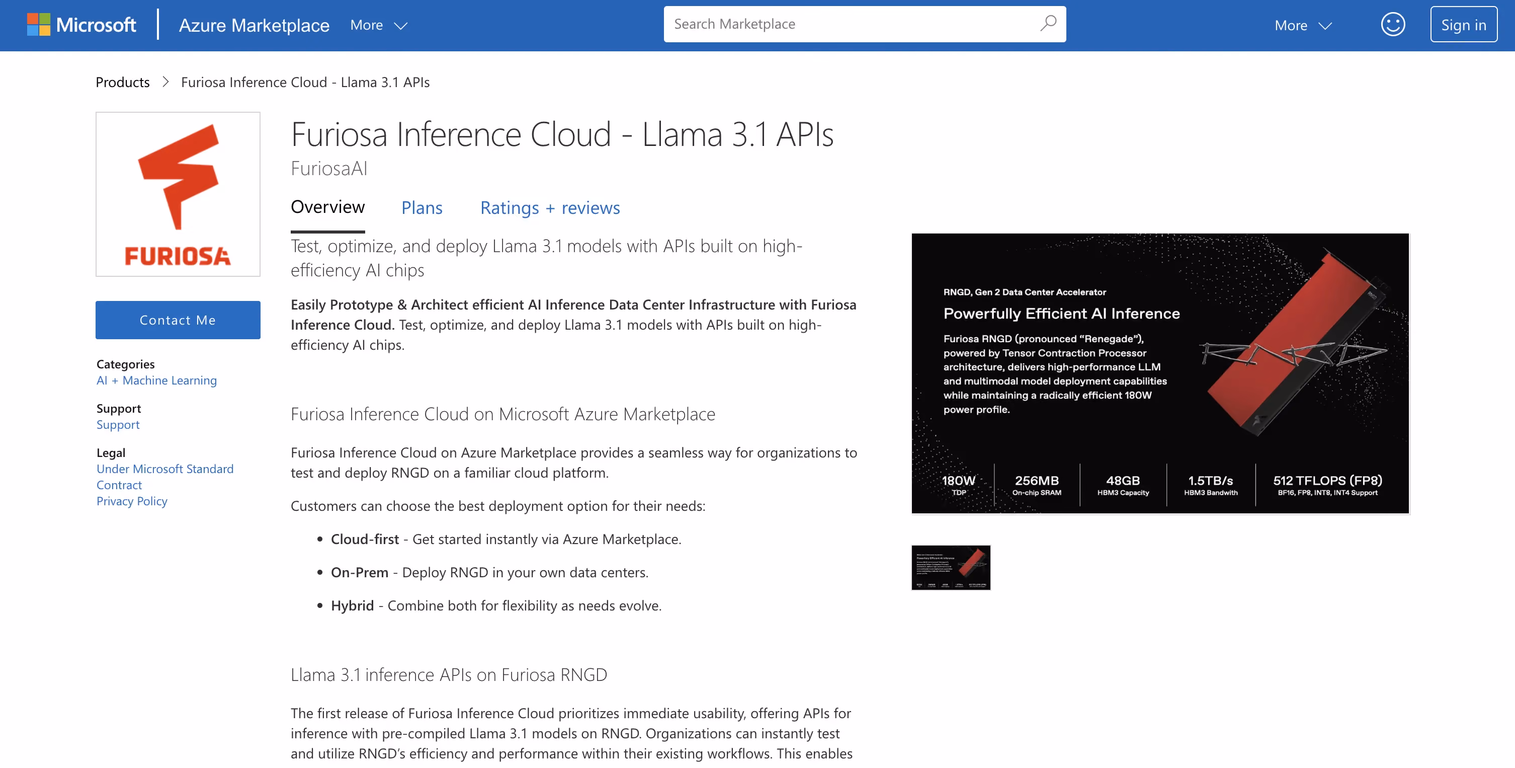 Azure Marketplace product page for Furiosa Inference Cloud – Llama 3.1 APIs, showing overview details and an image of the RNGD AI accelerator.