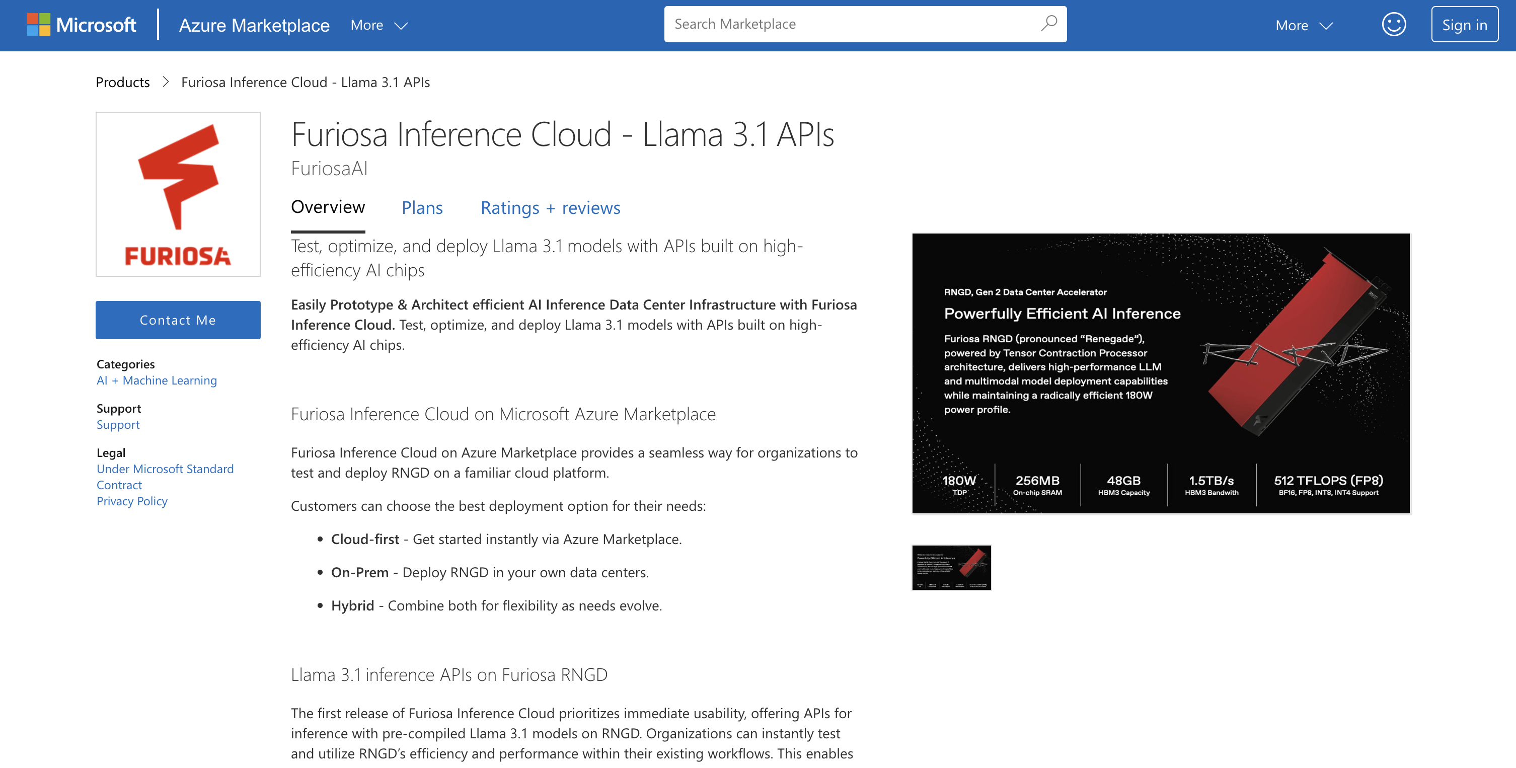Azure Marketplace product page for Furiosa Inference Cloud – Llama 3.1 APIs, showing overview details and an image of the RNGD AI accelerator.