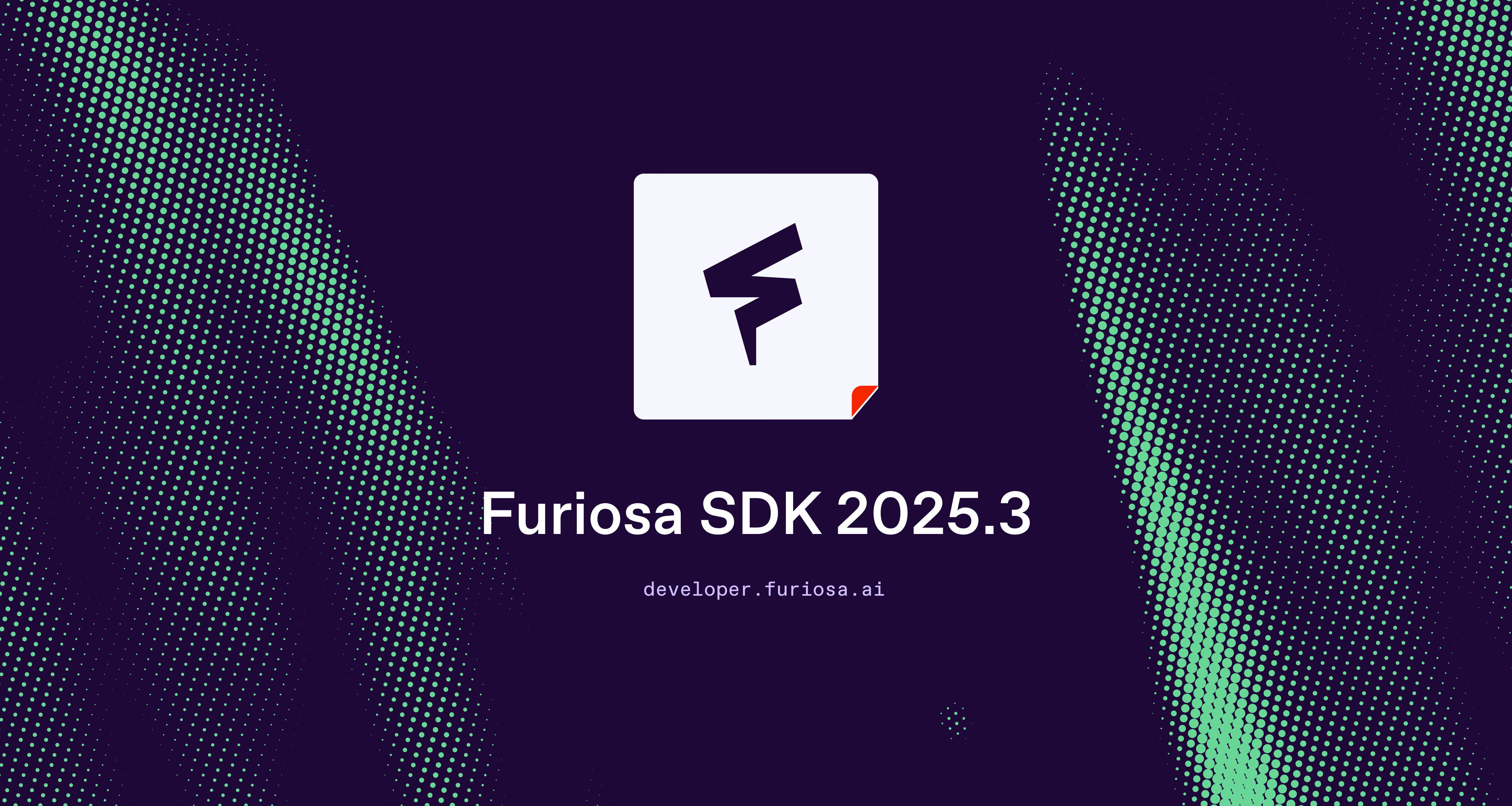 Furiosa SDK 2025.3 release graphic featuring the Furiosa logo on a dark purple background with dotted wave patterns.
