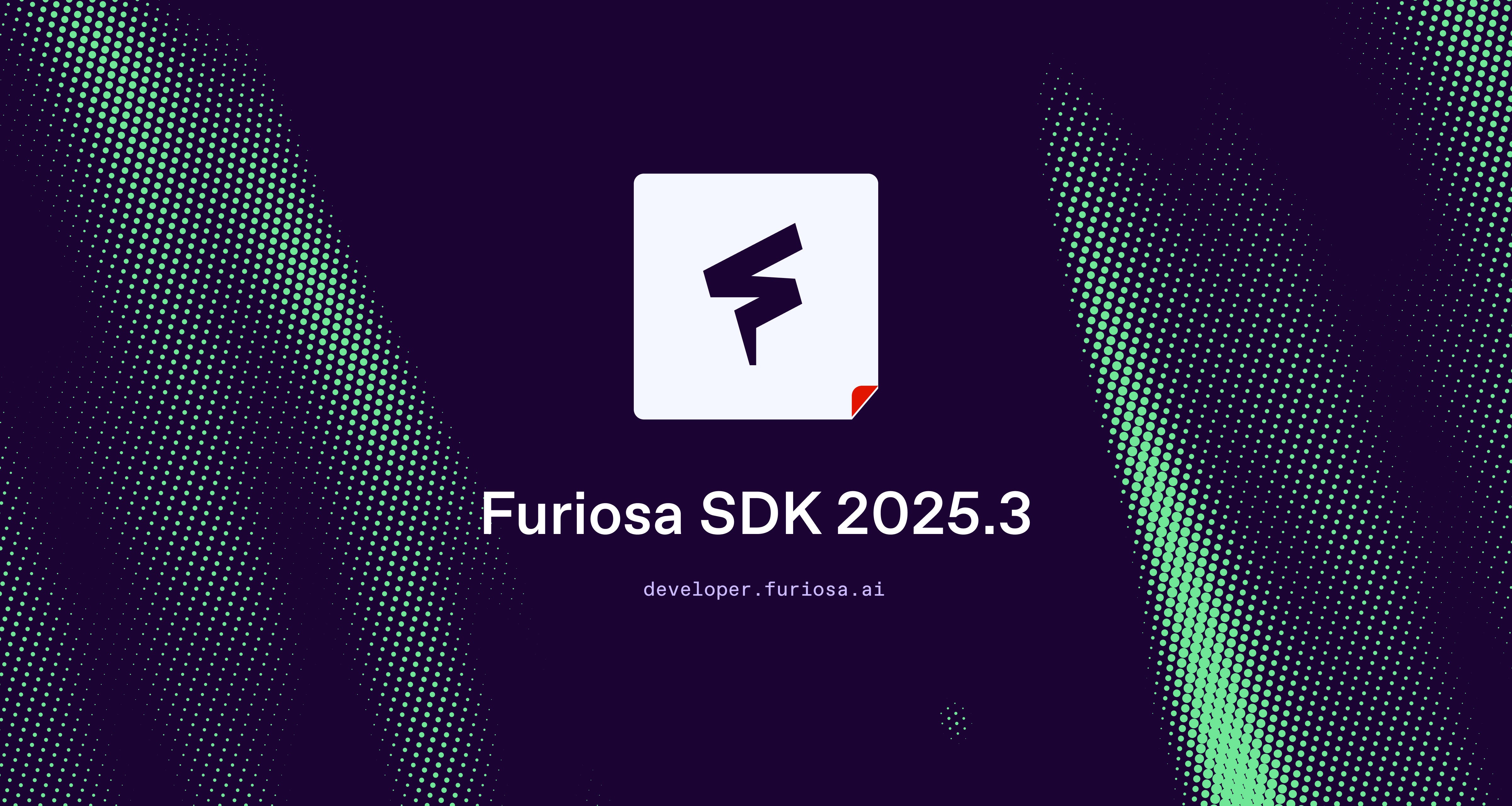 Furiosa SDK 2025.3 release graphic featuring the Furiosa logo on a dark purple background with dotted wave patterns.