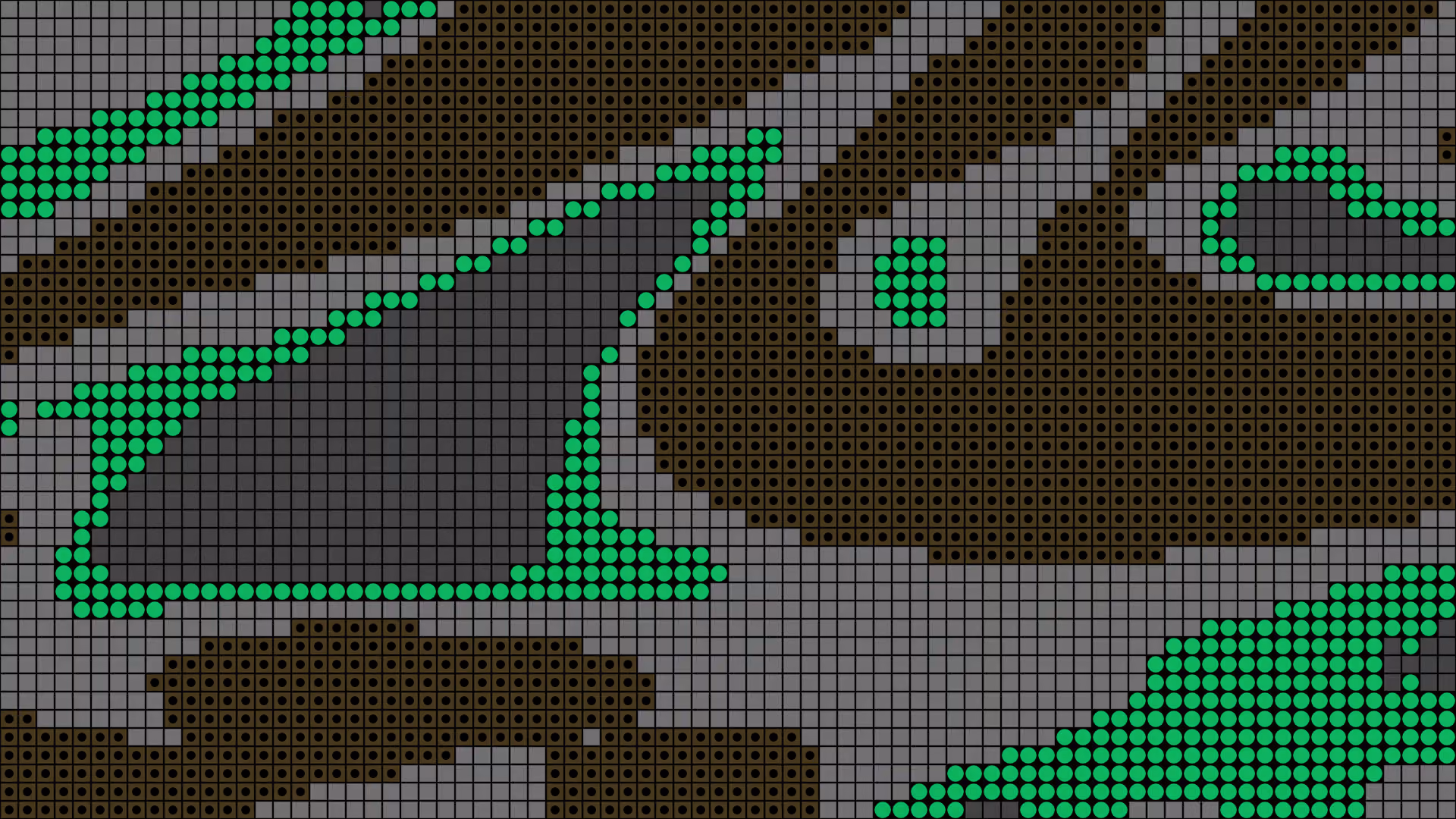 Abstract pixel-art graphic with green dot outlines, gray grid textures, and dark patterned shapes arranged in a geometric composition.