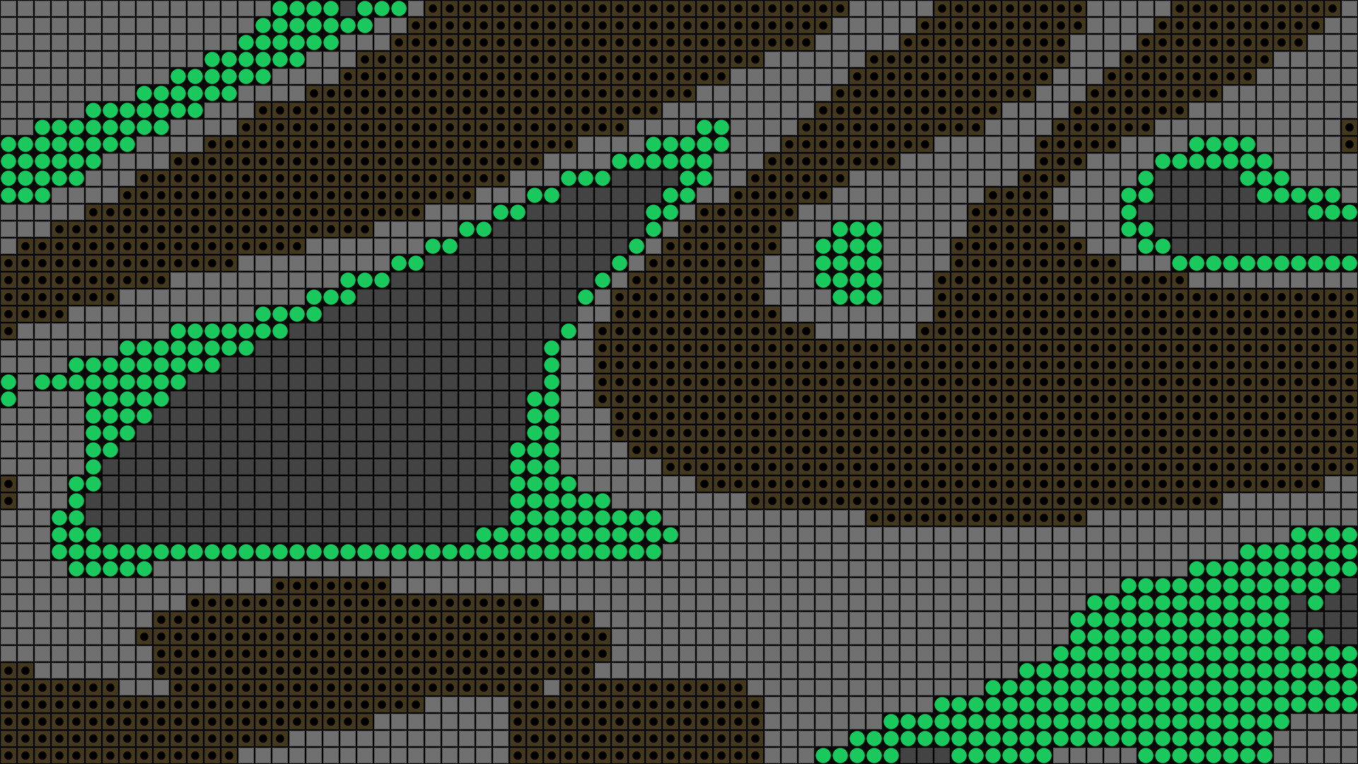 Abstract pixel-art graphic with green dot outlines, gray grid textures, and dark patterned shapes arranged in a geometric composition.