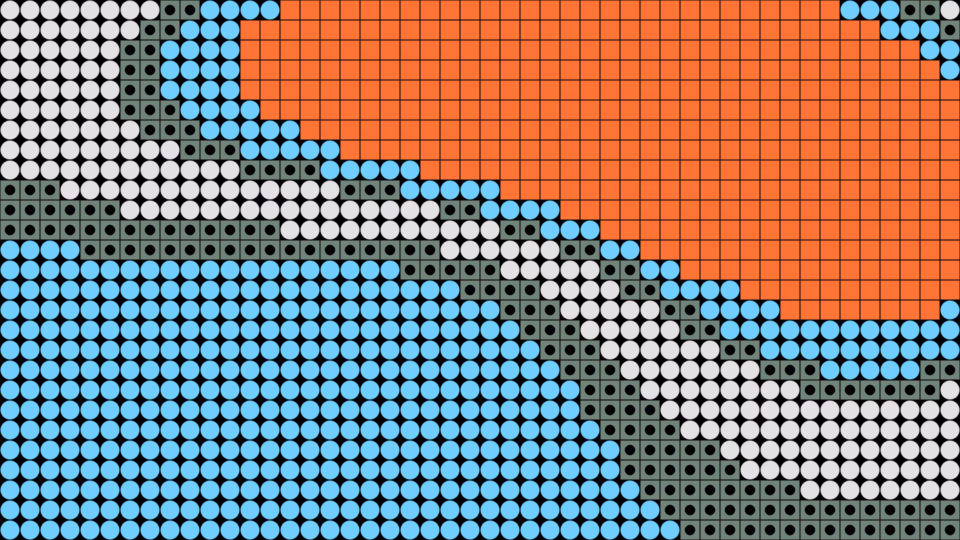 Abstract pixel-art graphic with orange, blue, white, and gray dot and grid patterns forming bold diagonal shapes.