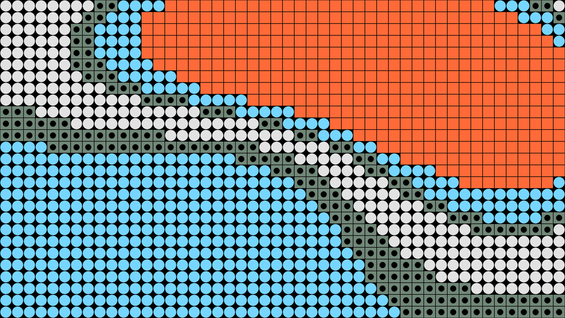 Abstract pixel-art graphic with orange, blue, white, and gray dot and grid patterns forming bold diagonal shapes.