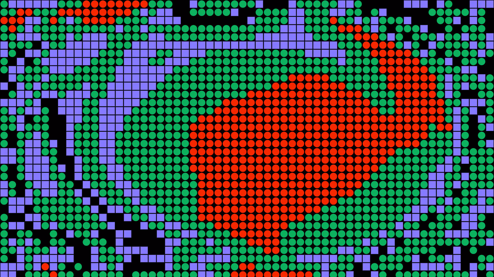 Abstract dot-matrix graphic featuring red, green, and purple circles and squares on a black background, forming a bold digital pattern.