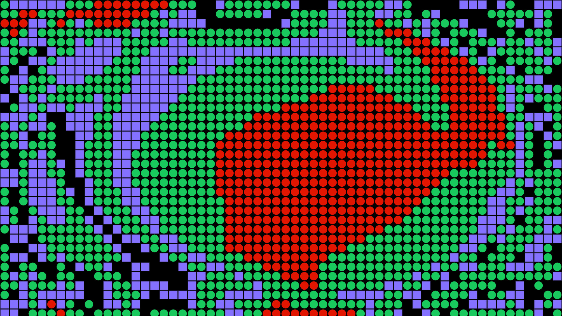Abstract dot-matrix graphic featuring red, green, and purple circles and squares on a black background, forming a bold digital pattern.