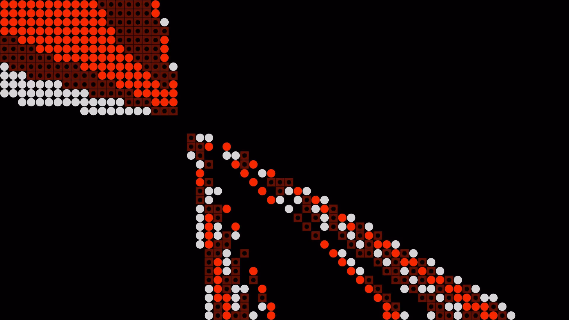 Abstract pixel-art graphic with red, white, and dark square and circular dot patterns on a black background.