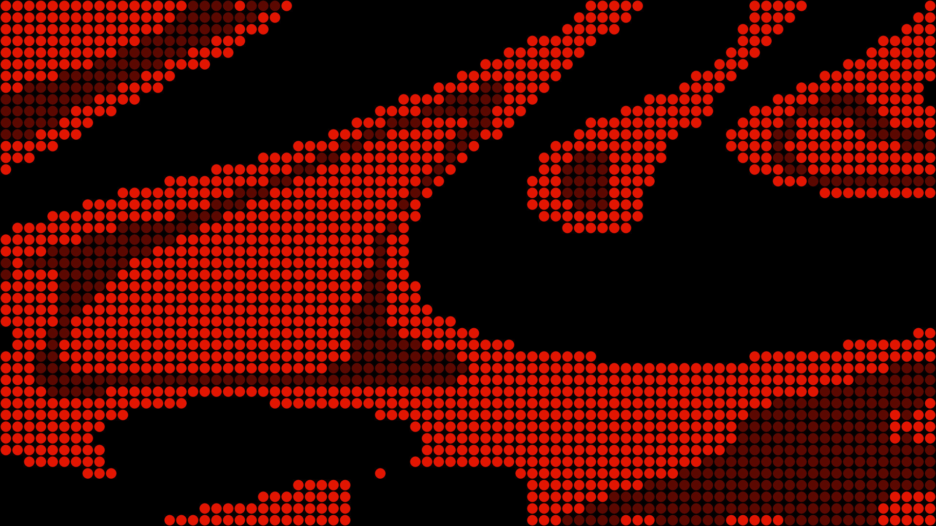 Abstract red dot-matrix graphic with layered circular patterns and dark shadowed shapes on a black background.