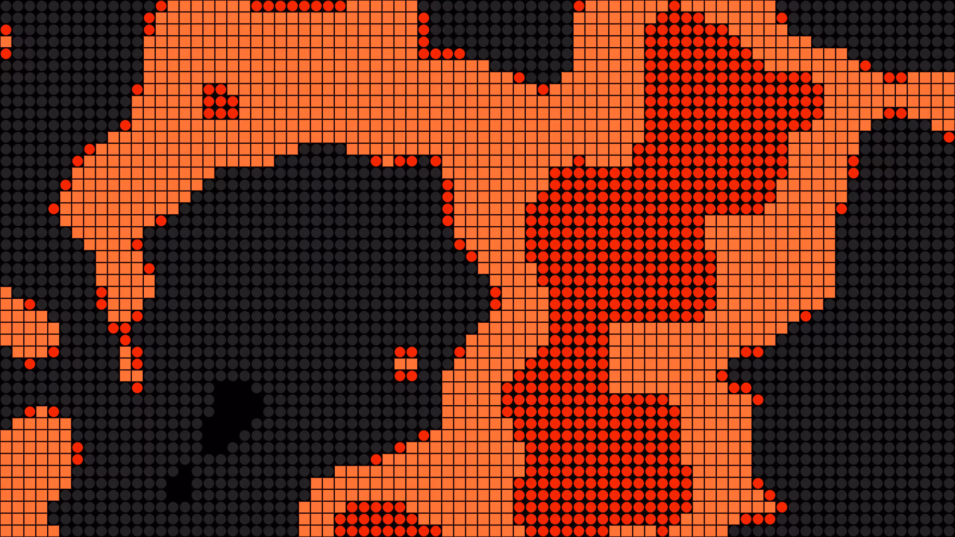 Abstract pixel-art graphic with orange square patterns, red dot clusters, and dark gray dot textures on a black background.