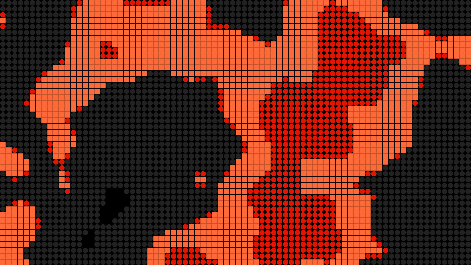 Abstract pixel-art graphic with orange square patterns, red dot clusters, and dark gray dot textures on a black background.