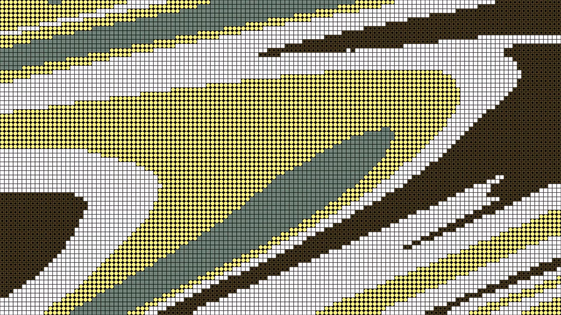 Abstract pixel-art graphic with yellow, green, white, and dark geometric dot patterns forming layered diagonal shapes.