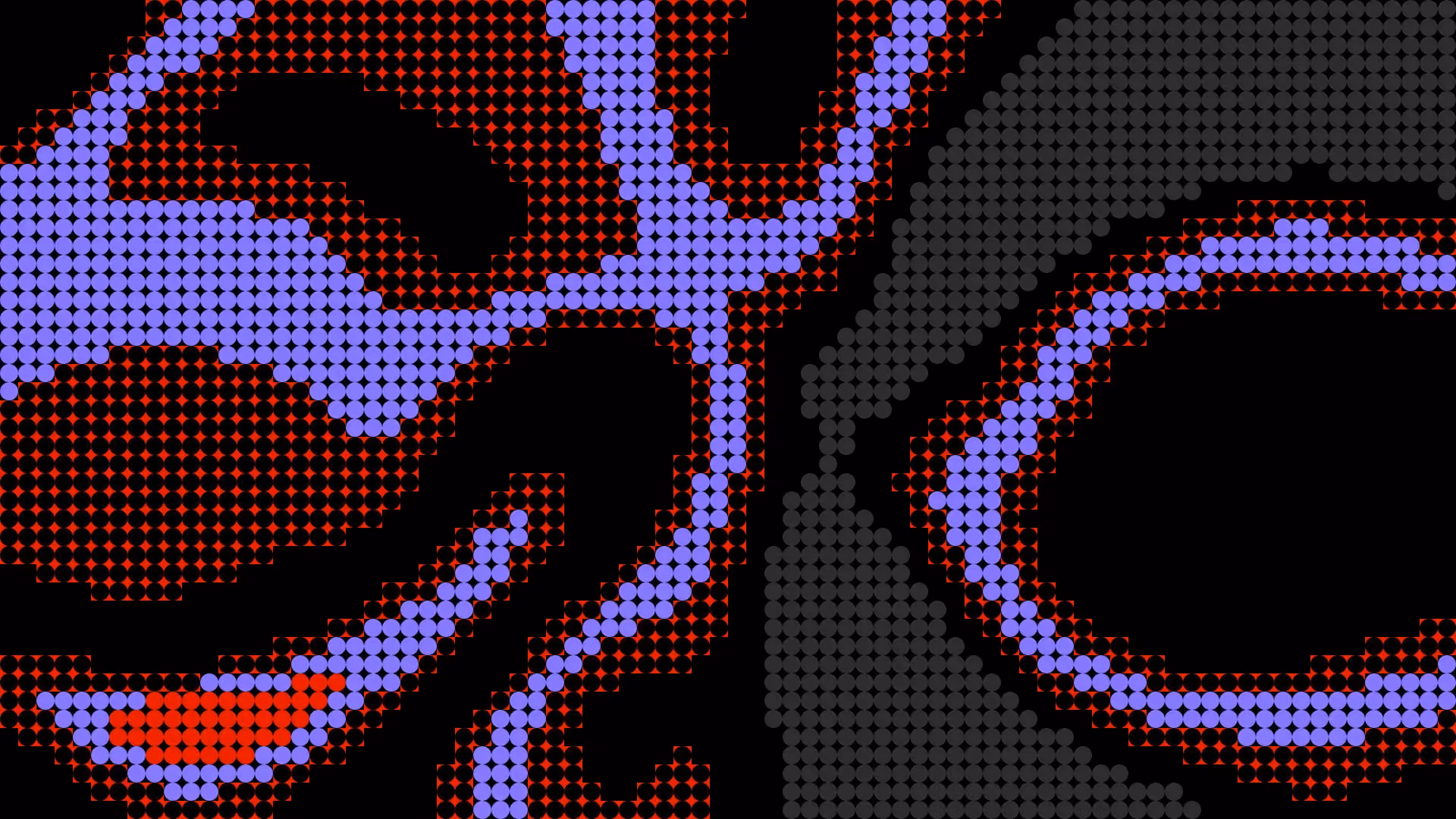 Abstract pixel-art graphic with red, purple, and gray dot patterns forming bold curved shapes on a black background.