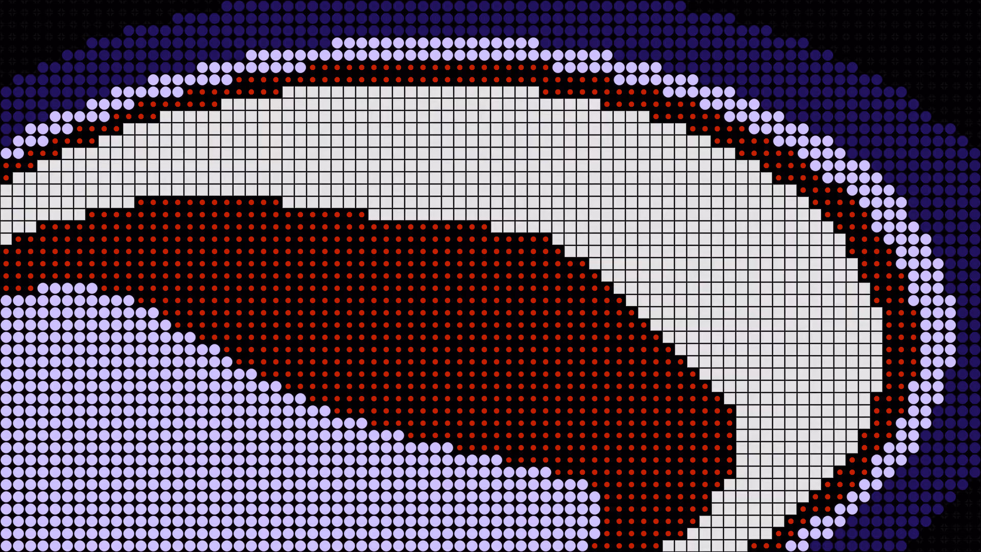 Abstract pixel-art graphic with purple, white, and red circular and square dots forming a bold curved digital pattern on a black background.