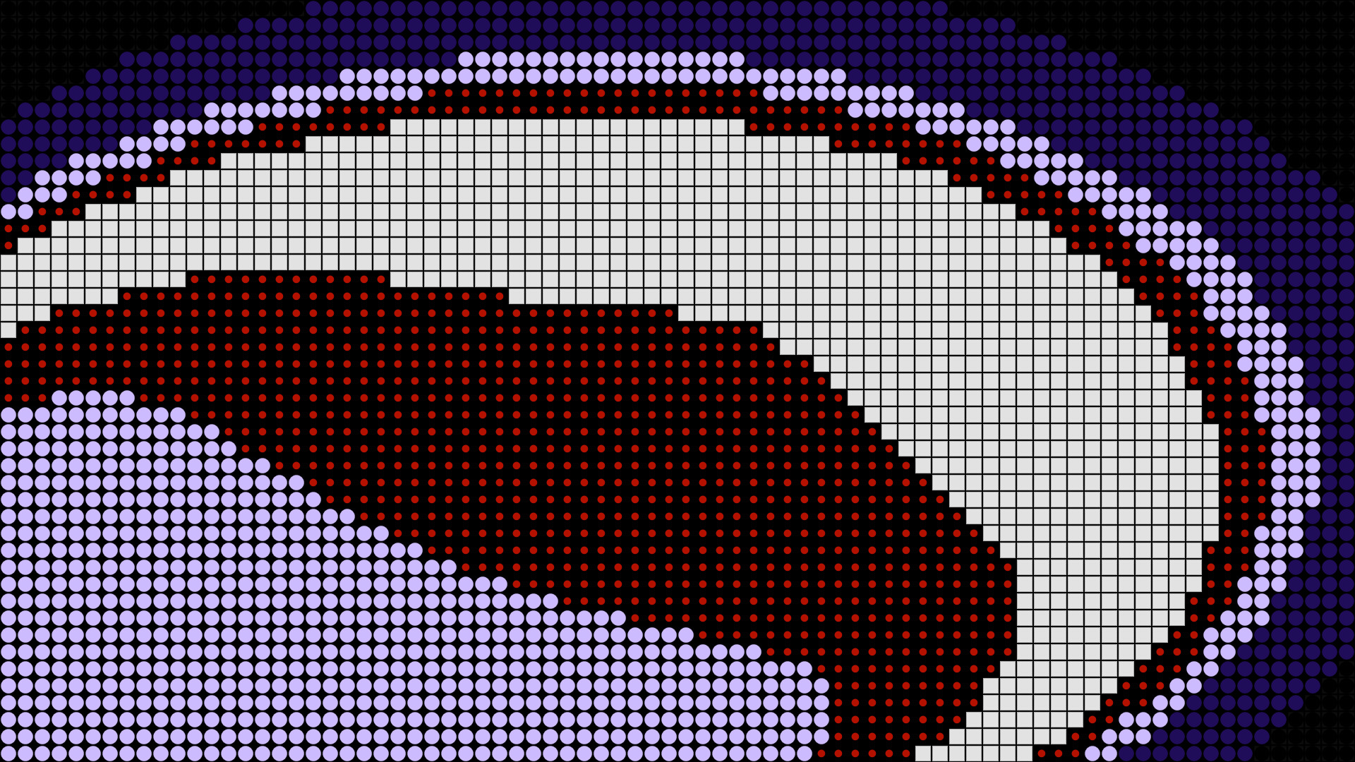 Abstract pixel-art graphic with purple, white, and red circular and square dots forming a bold curved digital pattern on a black background.