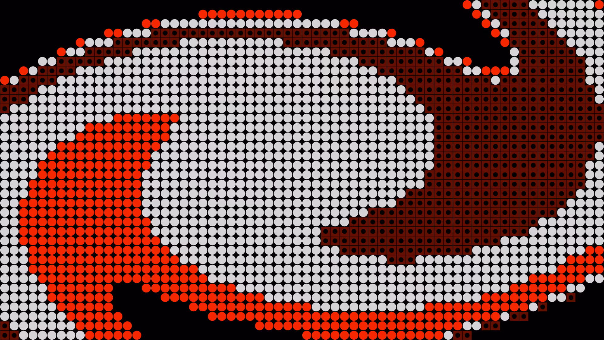 Abstract pixel-art graphic with white, red, and dark red dot and grid patterns forming layered curved shapes on a black background.