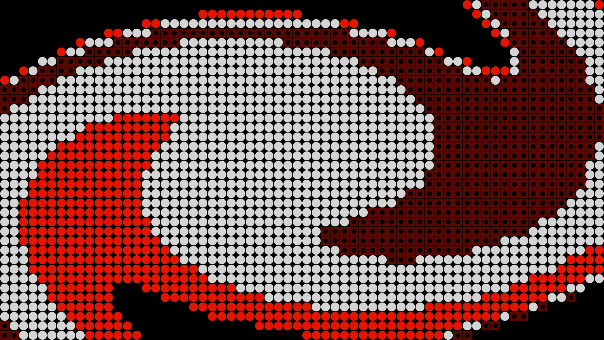 Abstract pixel-art graphic with white, red, and dark red dot and grid patterns forming layered curved shapes on a black background.