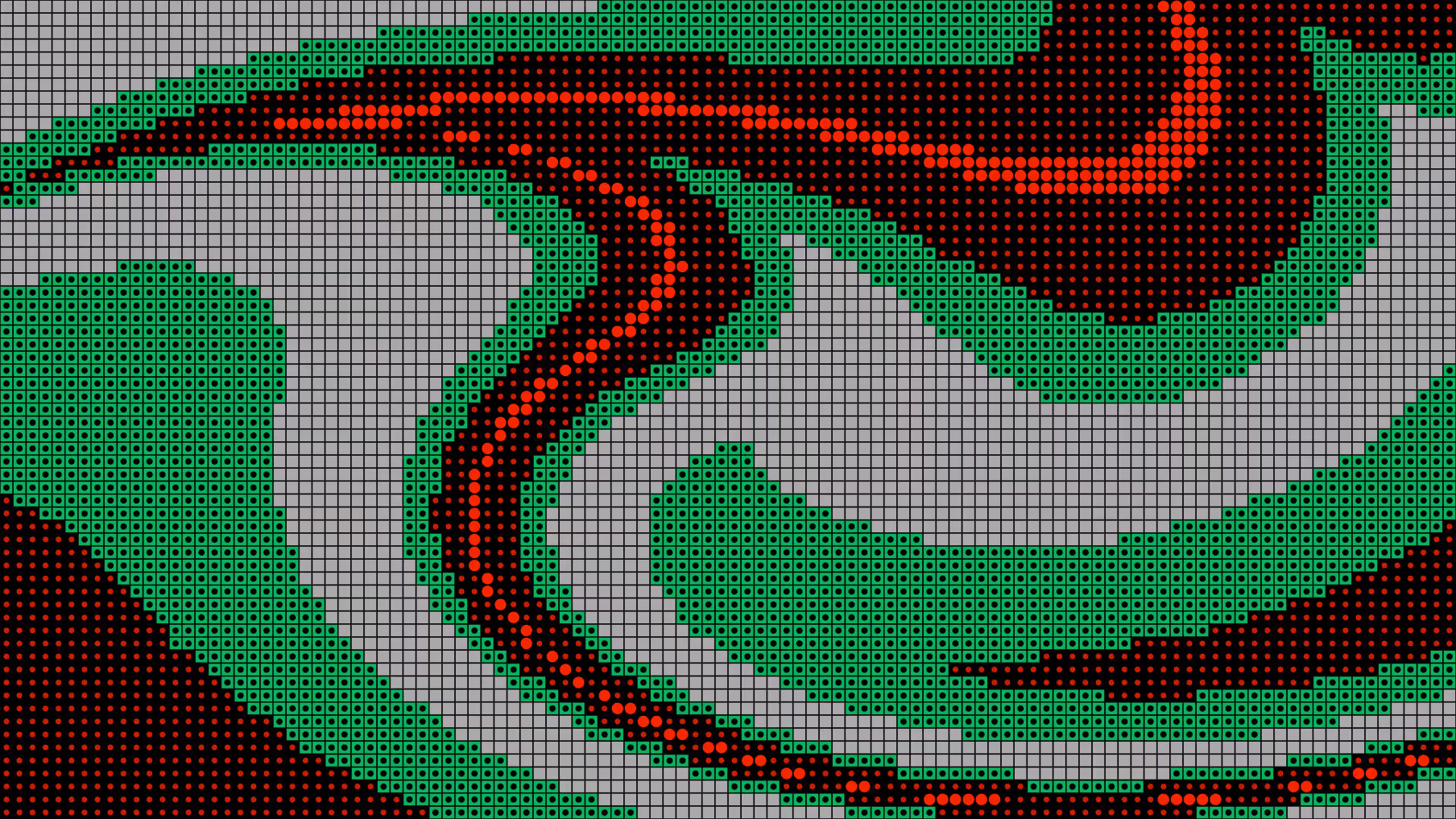 Abstract pixel-art graphic with green, red, and gray grid patterns forming layered curved shapes.