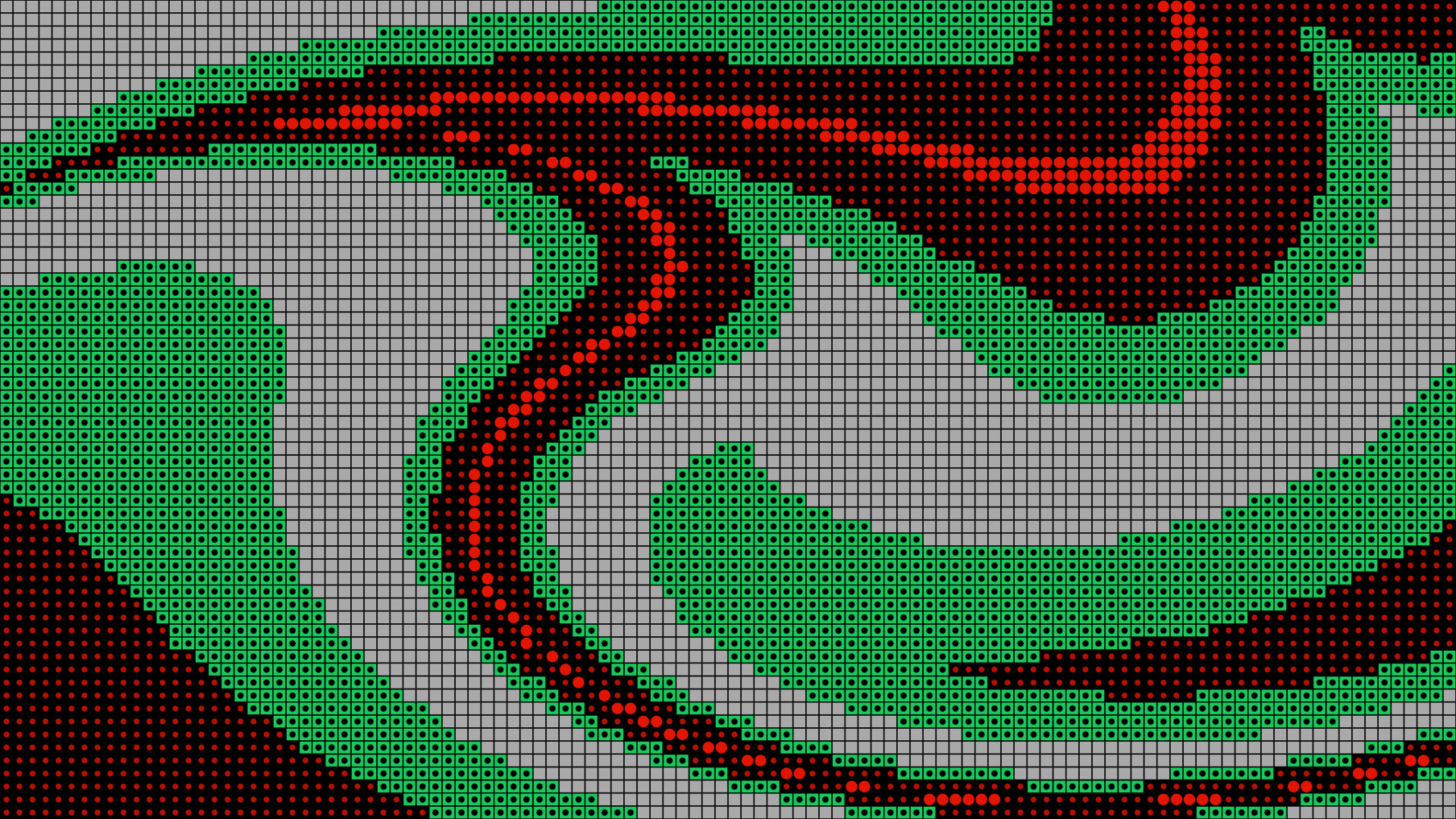 Abstract pixel-art graphic with green, red, and gray grid patterns forming layered curved shapes.