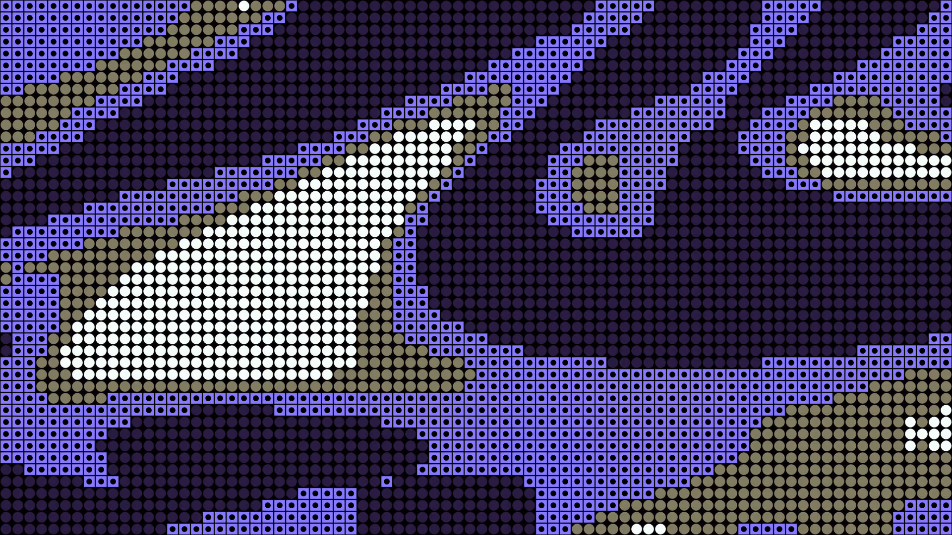 Abstract pixel-art graphic with purple, white, and muted green dot and grid patterns forming layered geometric shapes on a dark background.
