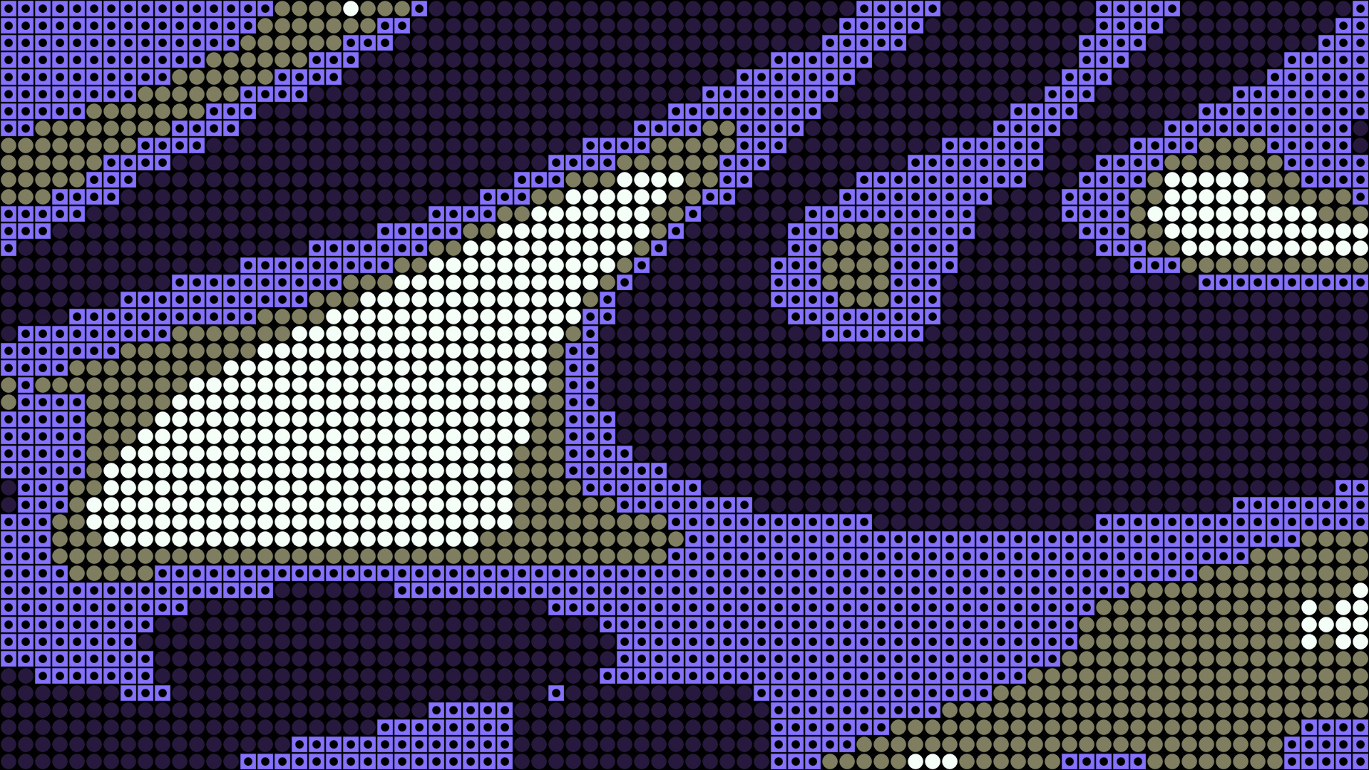 Abstract pixel-art graphic with purple, white, and muted green dot and grid patterns forming layered geometric shapes on a dark background.
