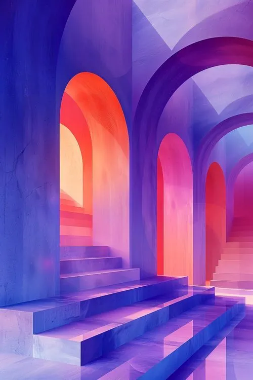 Surreal architectural interior with purple and pink arches and steps bathed in soft glowing light.