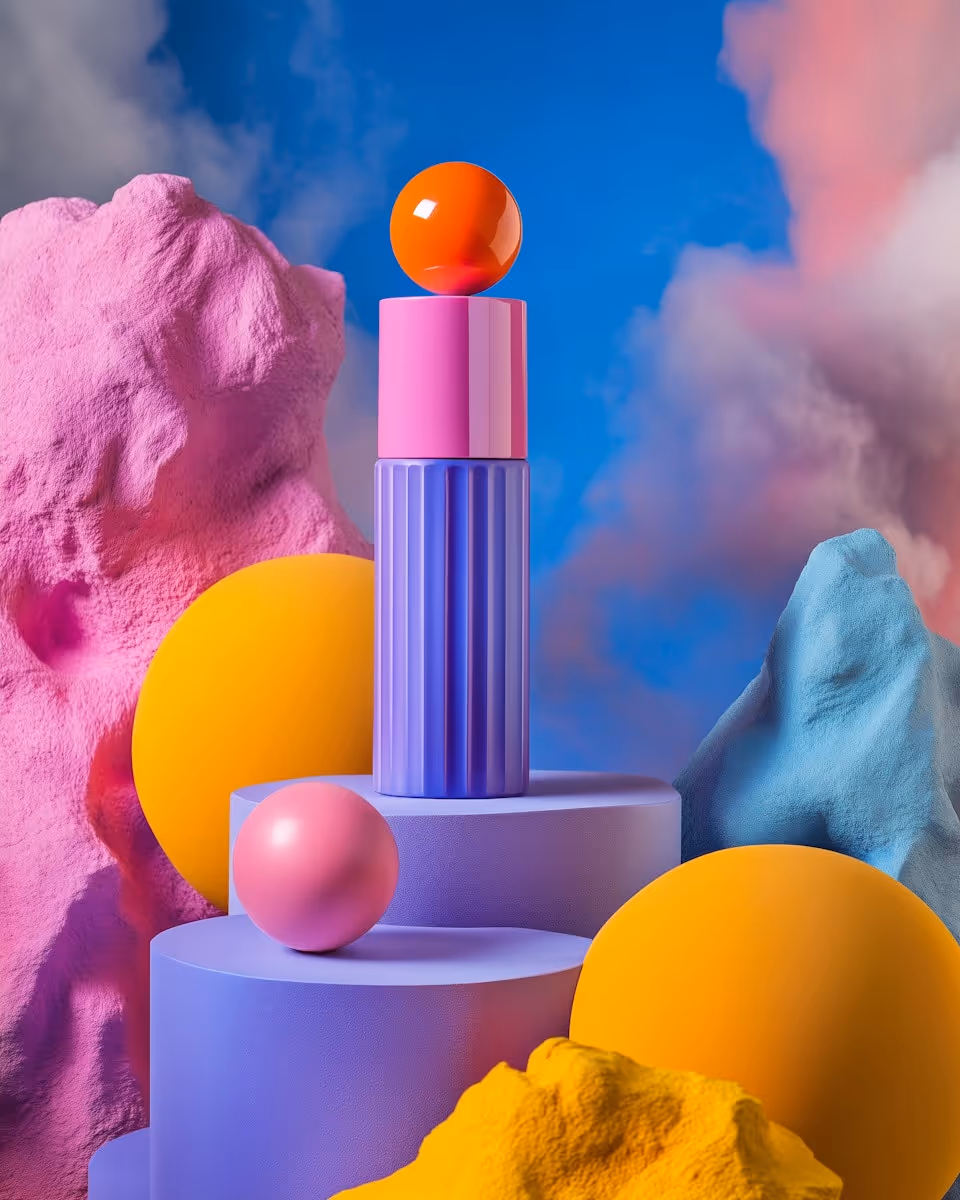 Colorful abstract composition featuring pastel purple cylindrical shapes, bright orange and pink spheres, and textured rocks in pink, yellow, and blue against a cloudy blue sky.