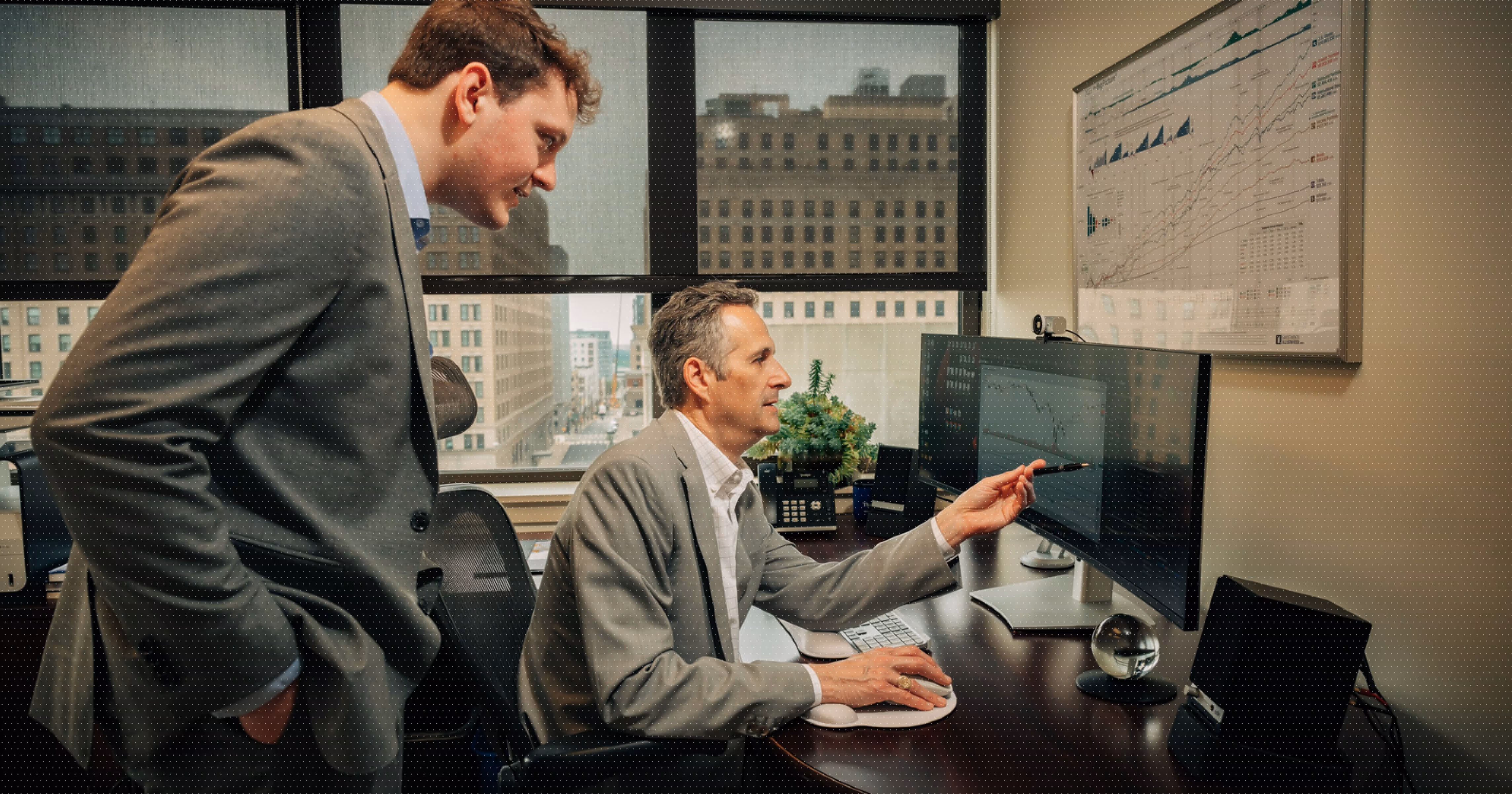 James H. Lee and a man reviewing financial data on a computer monitor in an office with a city view.