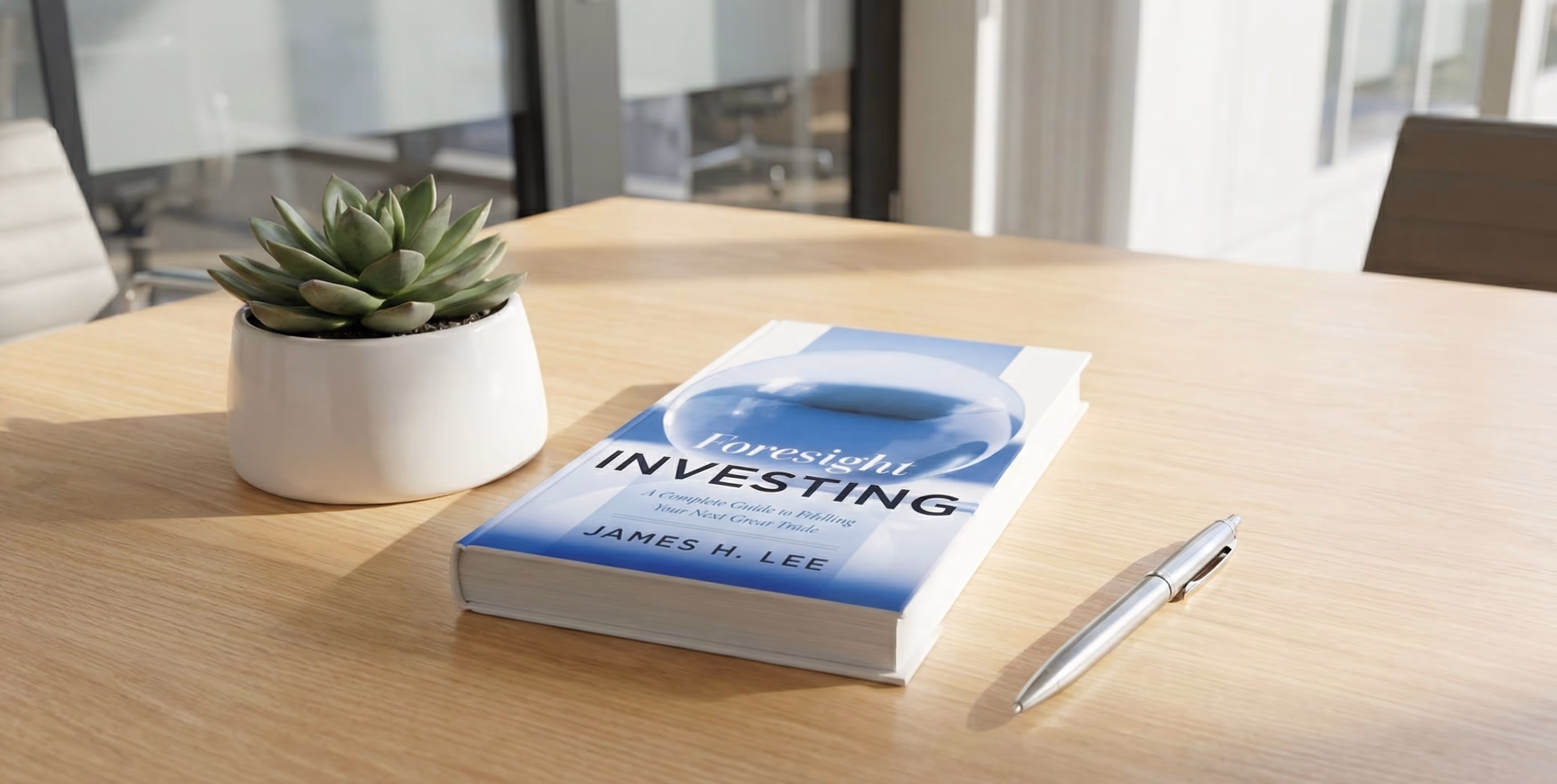 The book 'Foresight Investing' by James H. Lee, and a silver pen on a wooden table in an office setting.