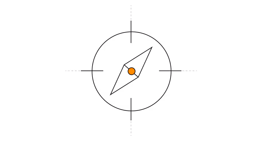 Black compass with orange center dot and directional labels North, East, South, and West on a white background.