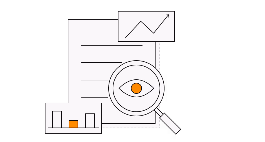 Document with magnifying glass highlighting an eye icon, surrounded by charts showing data trends and bar graphs.
