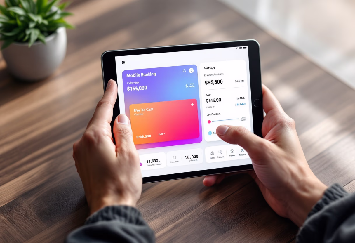 [interface] image of a mobile banking app interface on a tablet with hands interacting
