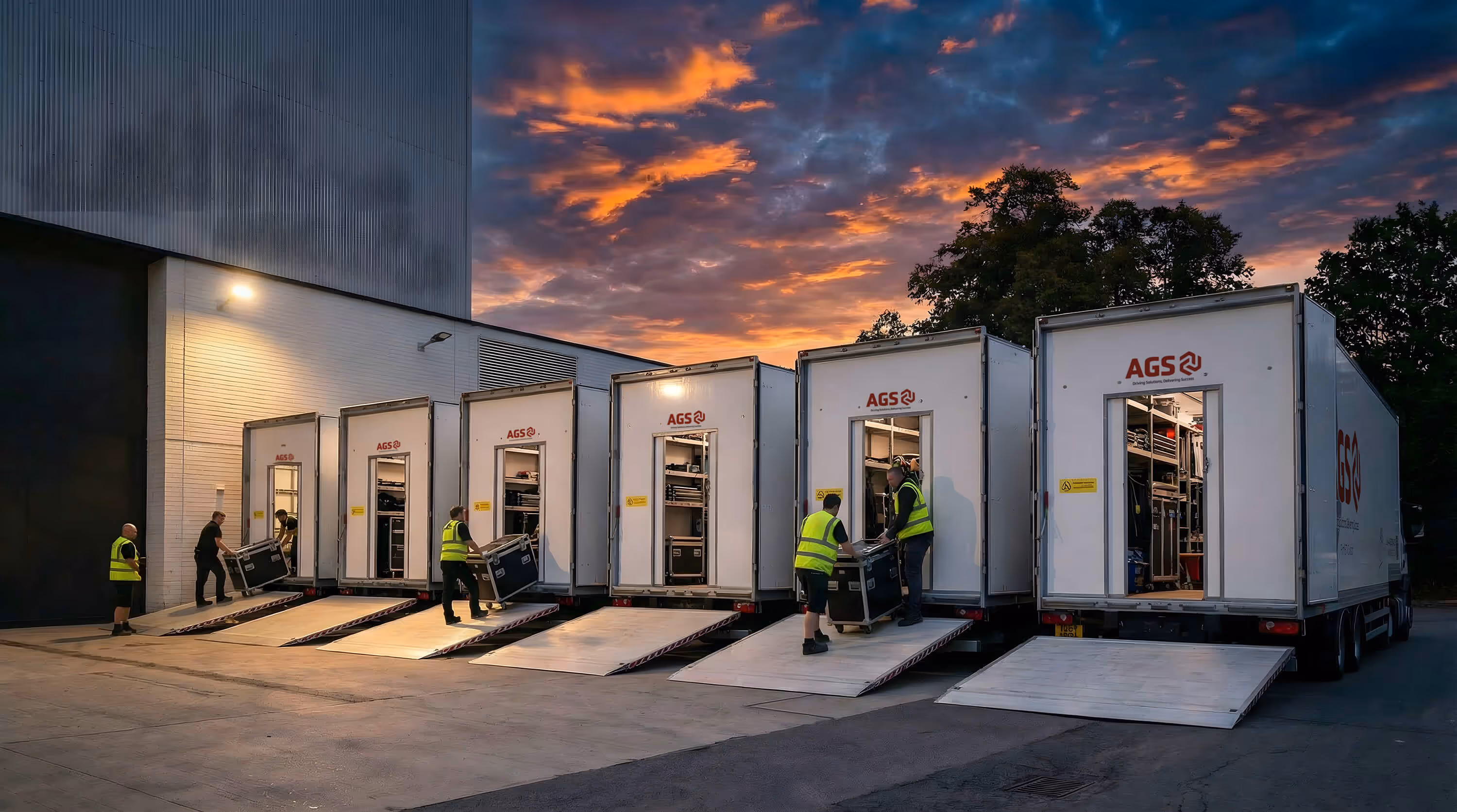 AGS tech trailers parked outdoors with a clean, modern industrial background