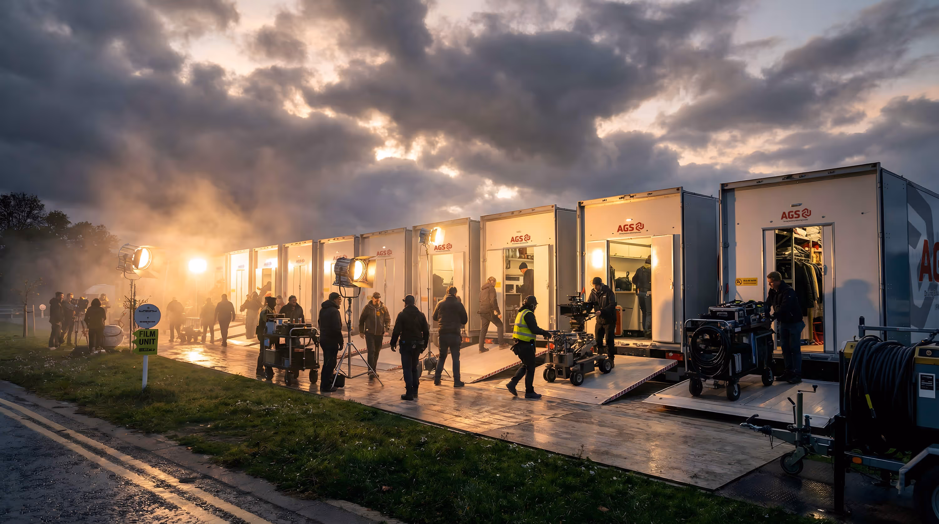 AGS tech trailers in action during production at night in remote location