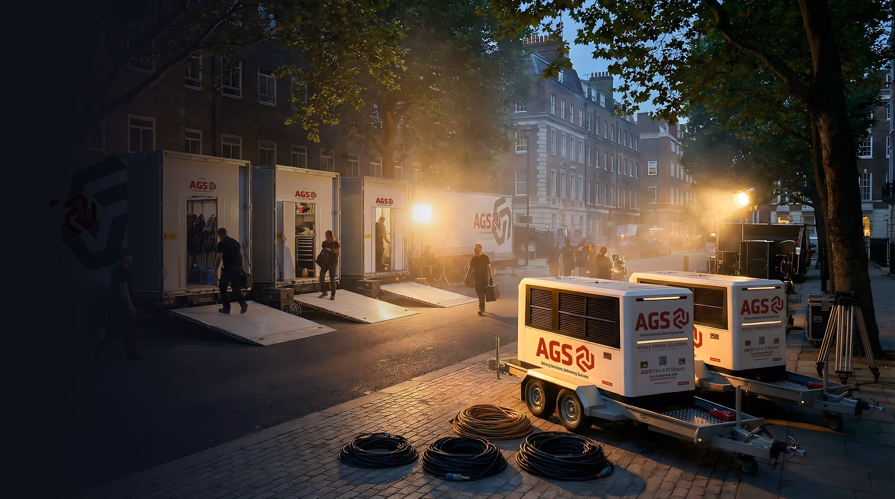 AGS tech trailers and scalable mobile power units in urban Film & TV scene set up