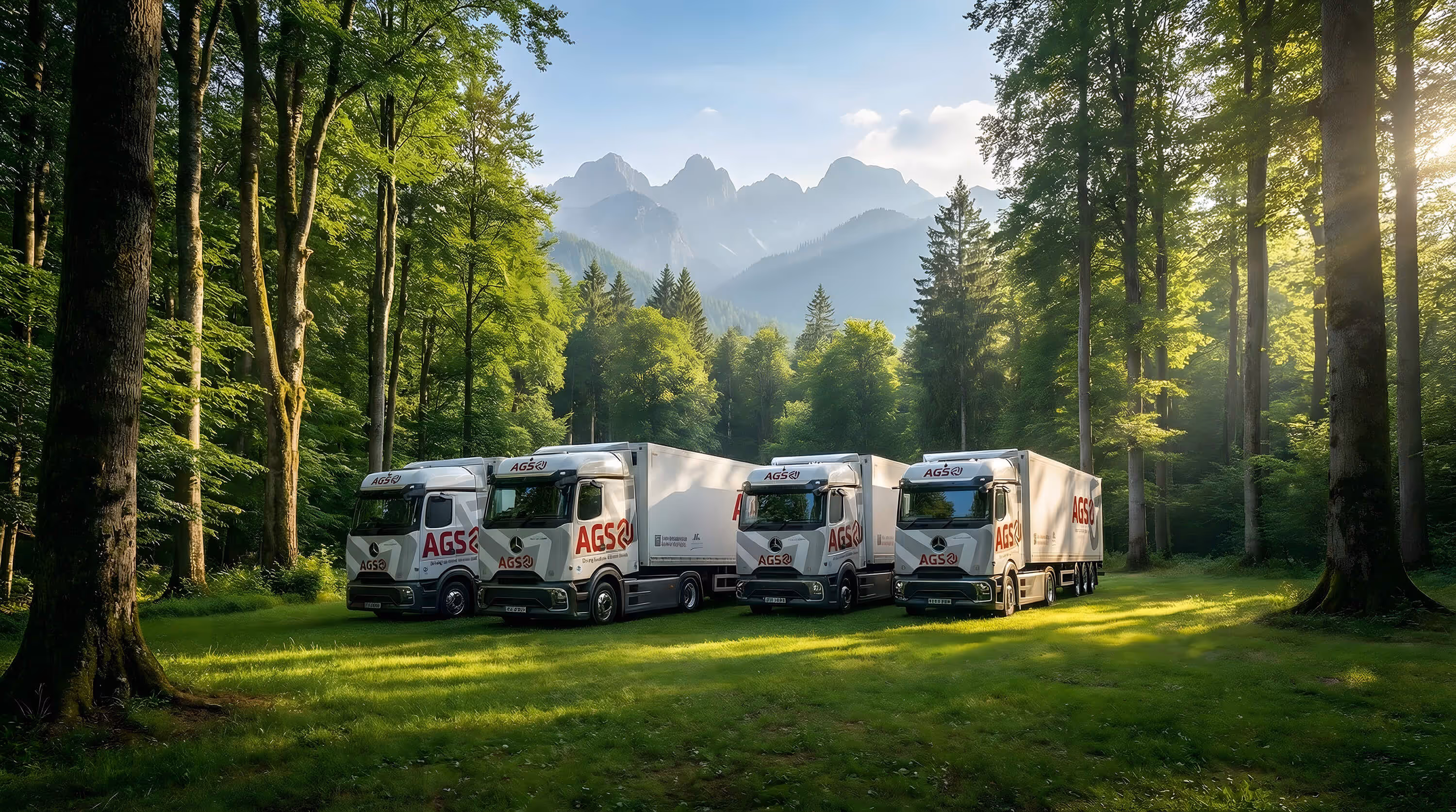 AGS EV truck fleet of electric commercial vehicles lined up on lush green grass
