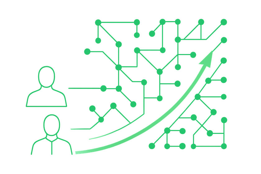 Two outline human icons connected to a network of nodes and lines with an upward arrow showing growth or progress.