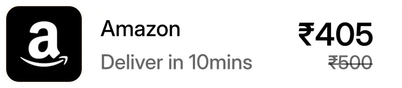 Amazon logo with text showing delivery in 10 minutes and discounted price ₹405 from ₹500.