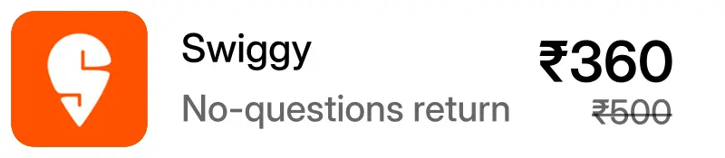 Swiggy logo with text stating No-questions return and price ₹360 crossed out from ₹500.
